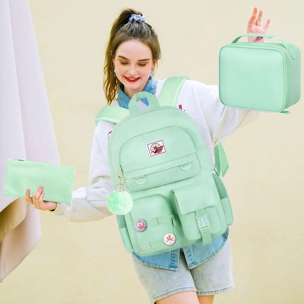 Laptop Backpack for Girls Women,15.6" Cute Aesthetic Computer Water Resistant Anti Theft College School Bookbag Set for Teens Girls Students - Green
