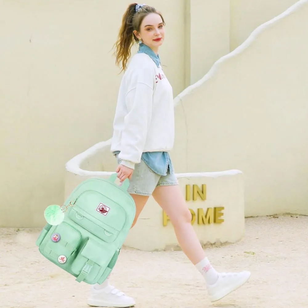 Laptop Backpack for Girls Women,15.6" Cute Aesthetic Computer Water Resistant Anti Theft College School Bookbag Set for Teens Girls Students - Green