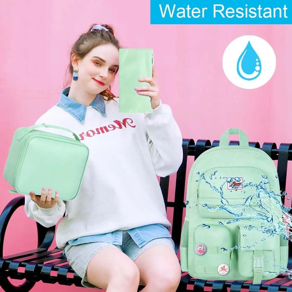 Laptop Backpack for Girls Women,15.6" Cute Aesthetic Computer Water Resistant Anti Theft College School Bookbag Set for Teens Girls Students - Green