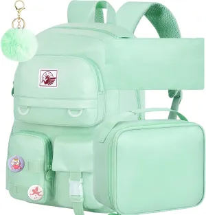 Laptop Backpack for Girls Women,15.6" Cute Aesthetic Computer Water Resistant Anti Theft College School Bookbag Set for Teens Girls Students - Green