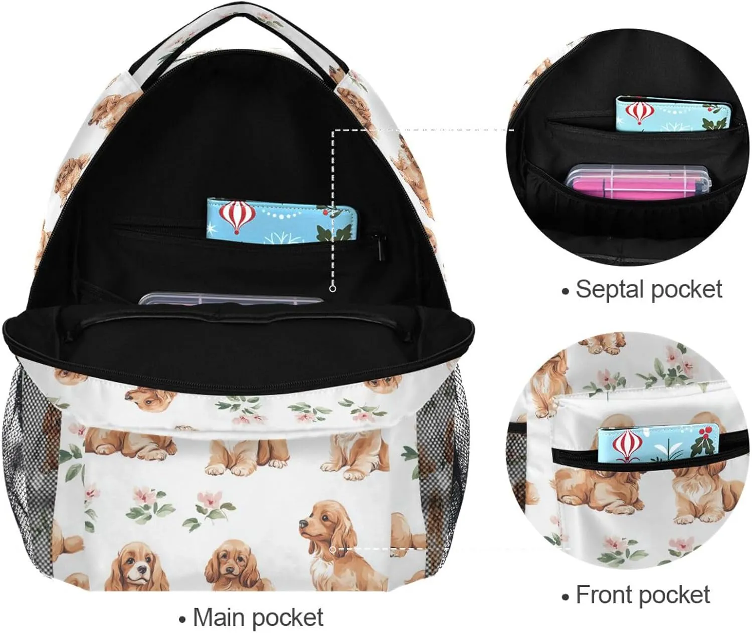 Laptop Backpack for Women Men Waterproof Diaper Bag Backpack with Chest Strap Gift Men & Women Cartoon Cute Cocker Spaniel Dogs White