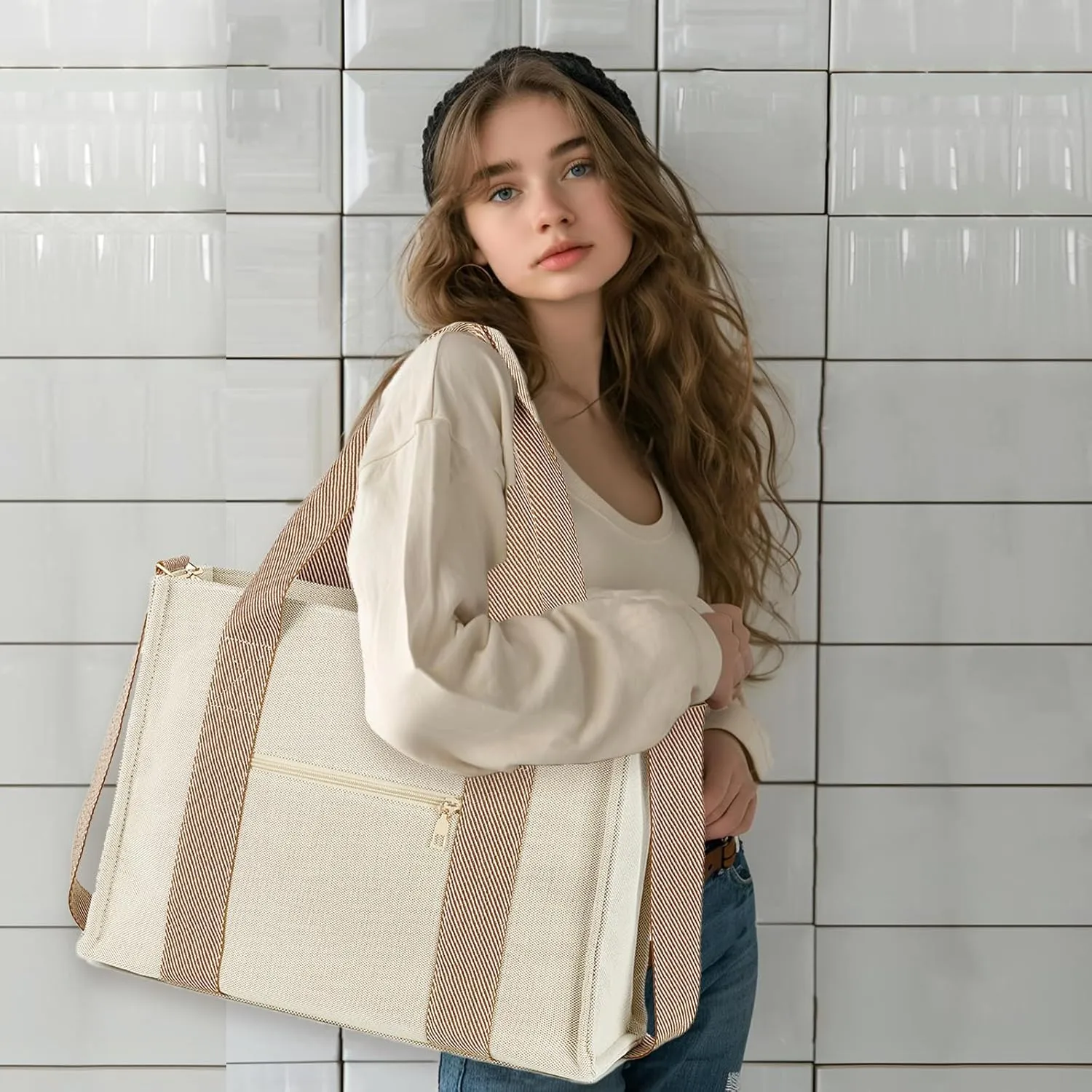 Laptop Tote Bag for Women Work 15.6 inch Canvas Shoulder Bags Computer Messenger Purse Teacher Handbag Office Briefcase