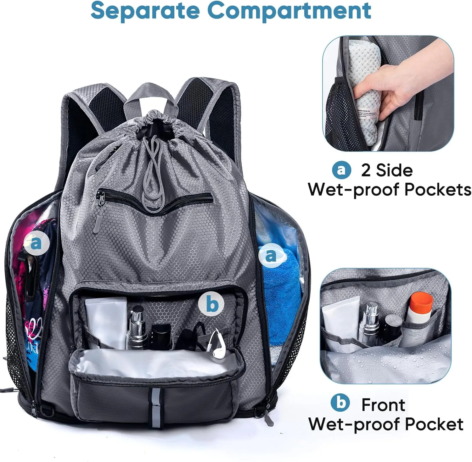 Large Beach Backpack Waterproof Sandproof - Customized Oversized Drawstring Pool Bag with Shoe Compartment for Toiletries, Towels, Gym, Travel