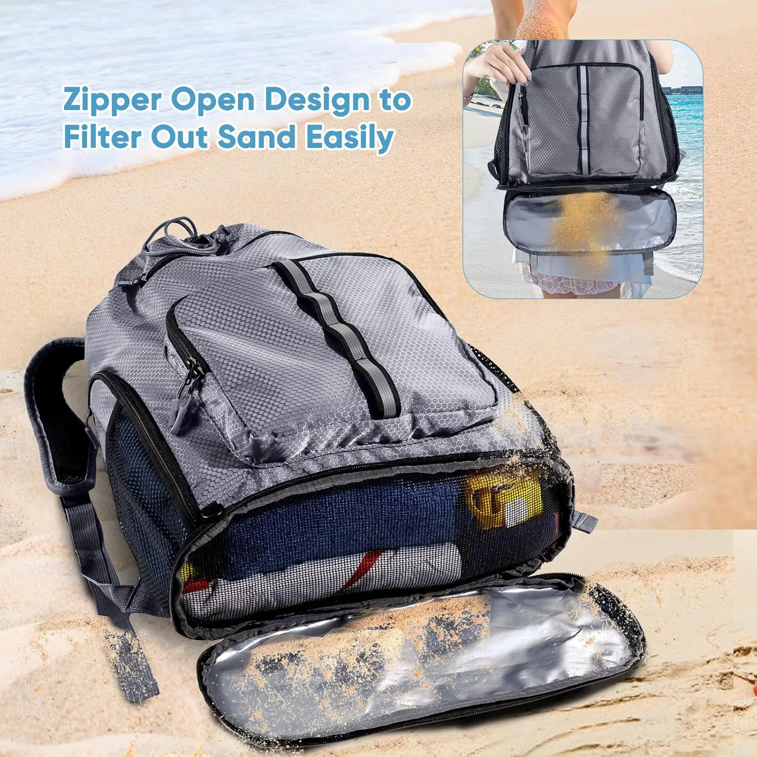 Large Beach Backpack Waterproof Sandproof - Customized Oversized Drawstring Pool Bag with Shoe Compartment for Toiletries, Towels, Gym, Travel