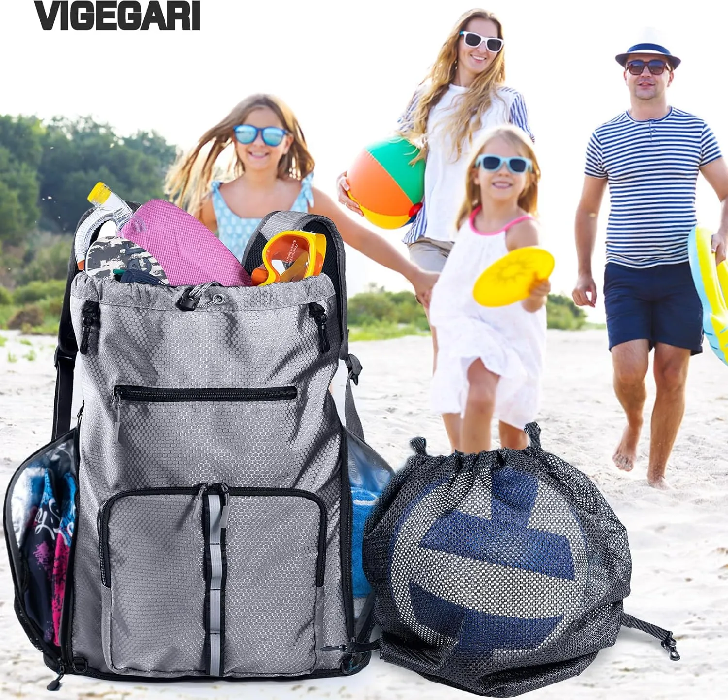 Large Beach Backpack Waterproof Sandproof - Customized Oversized Drawstring Pool Bag with Shoe Compartment for Toiletries, Towels, Gym, Travel