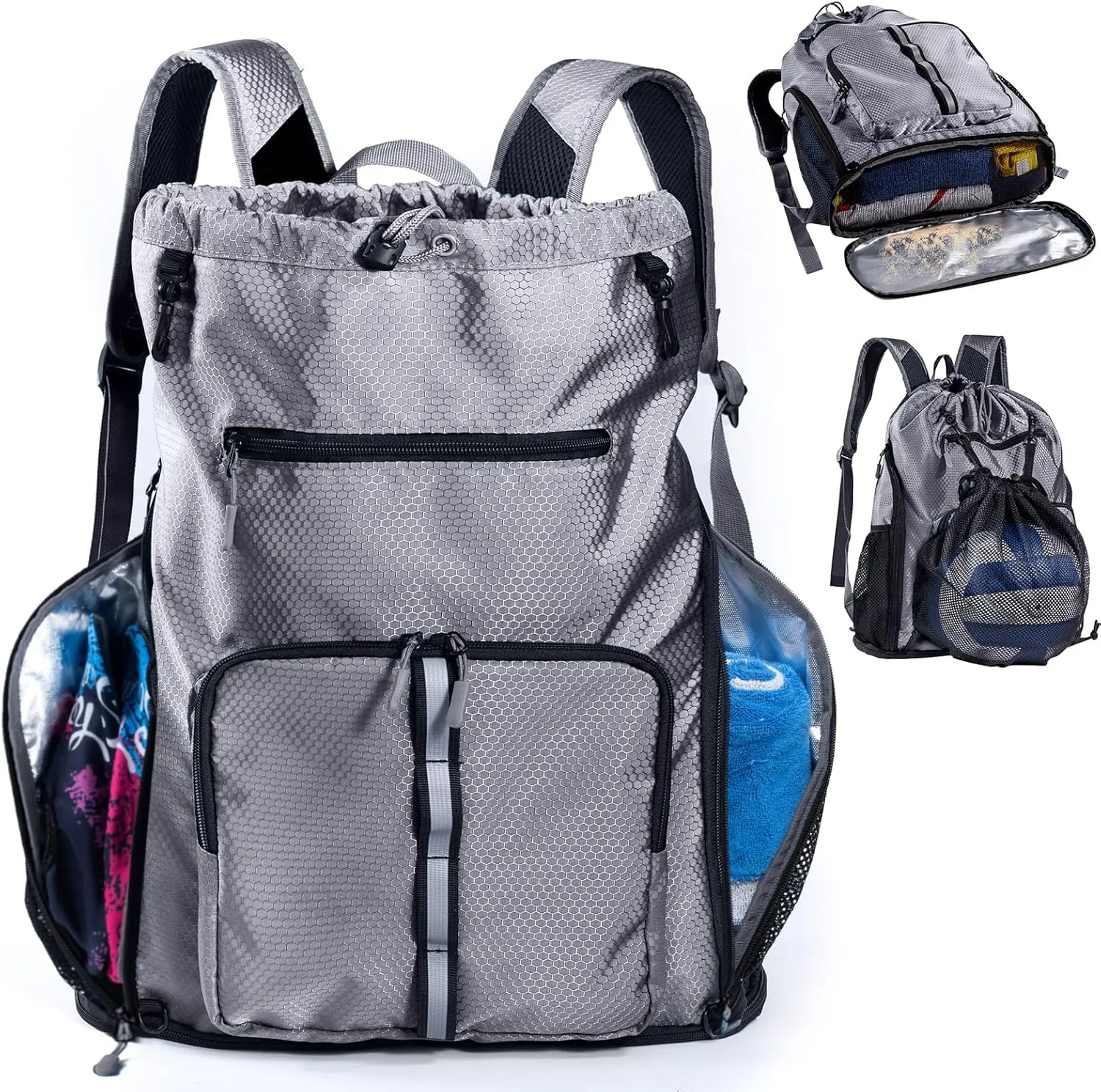 Large Beach Backpack Waterproof Sandproof - Customized Oversized Drawstring Pool Bag with Shoe Compartment for Toiletries, Towels, Gym, Travel