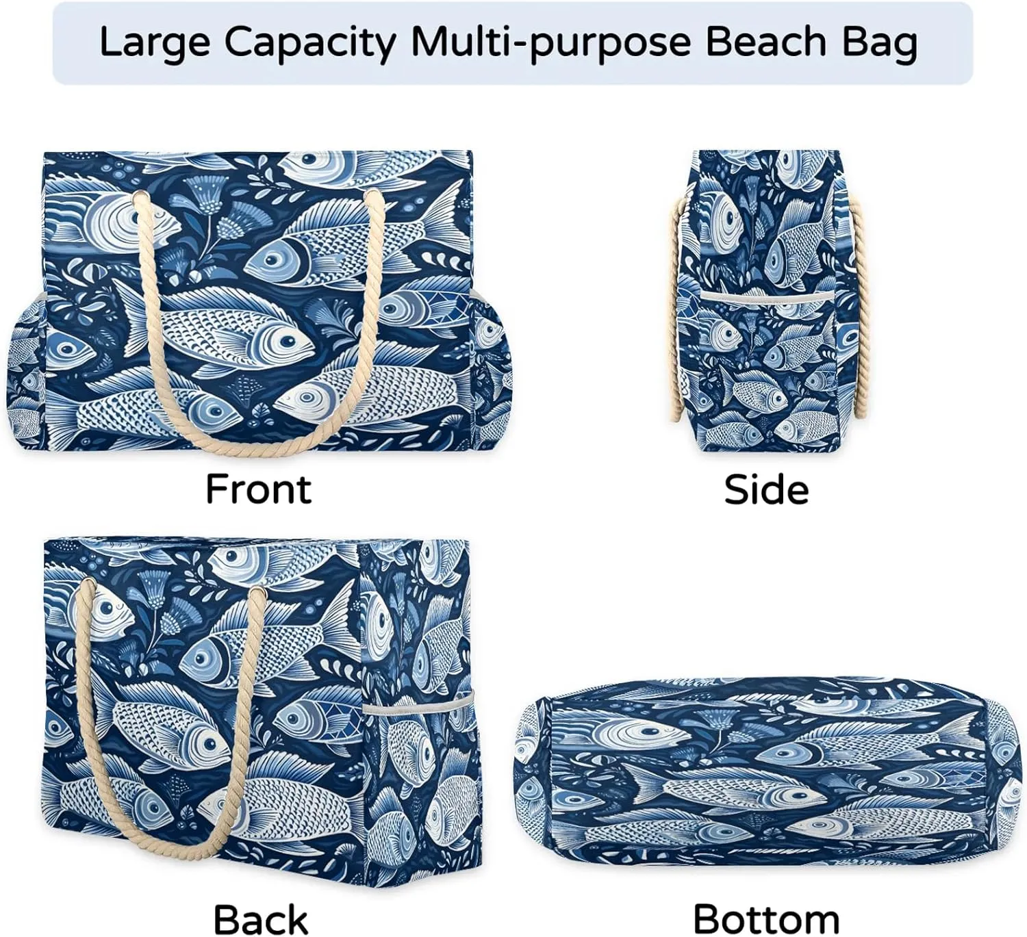 Large Beach Bags for Women and Men, Waterproof Tote with Zipper, Reusable Grocery Shopping Shoulder Bag