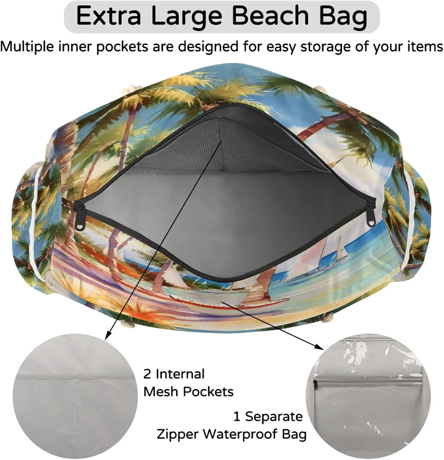 Large Beach Bags for Women and Men, Waterproof Tote with Zipper, Reusable Grocery Shopping Shoulder Bag