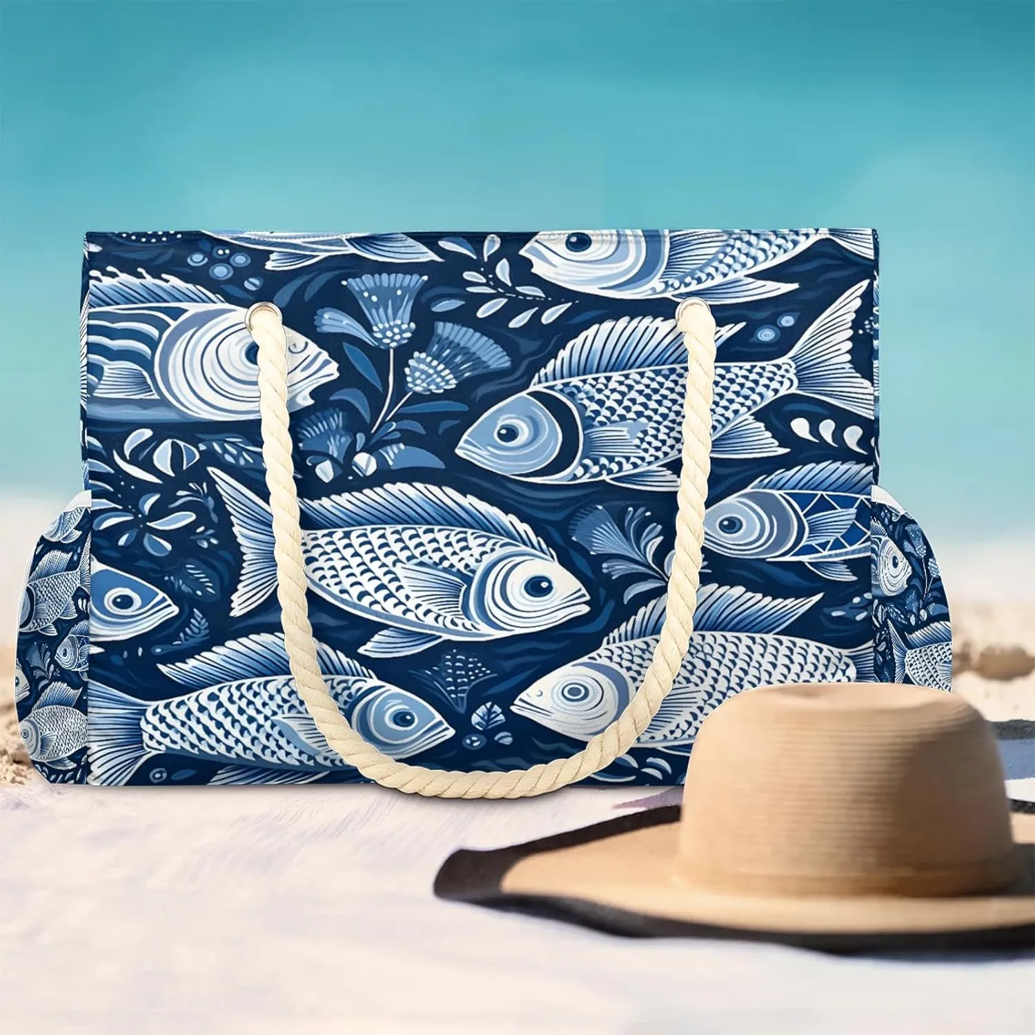Large Beach Bags for Women and Men, Waterproof Tote with Zipper, Reusable Grocery Shopping Shoulder Bag