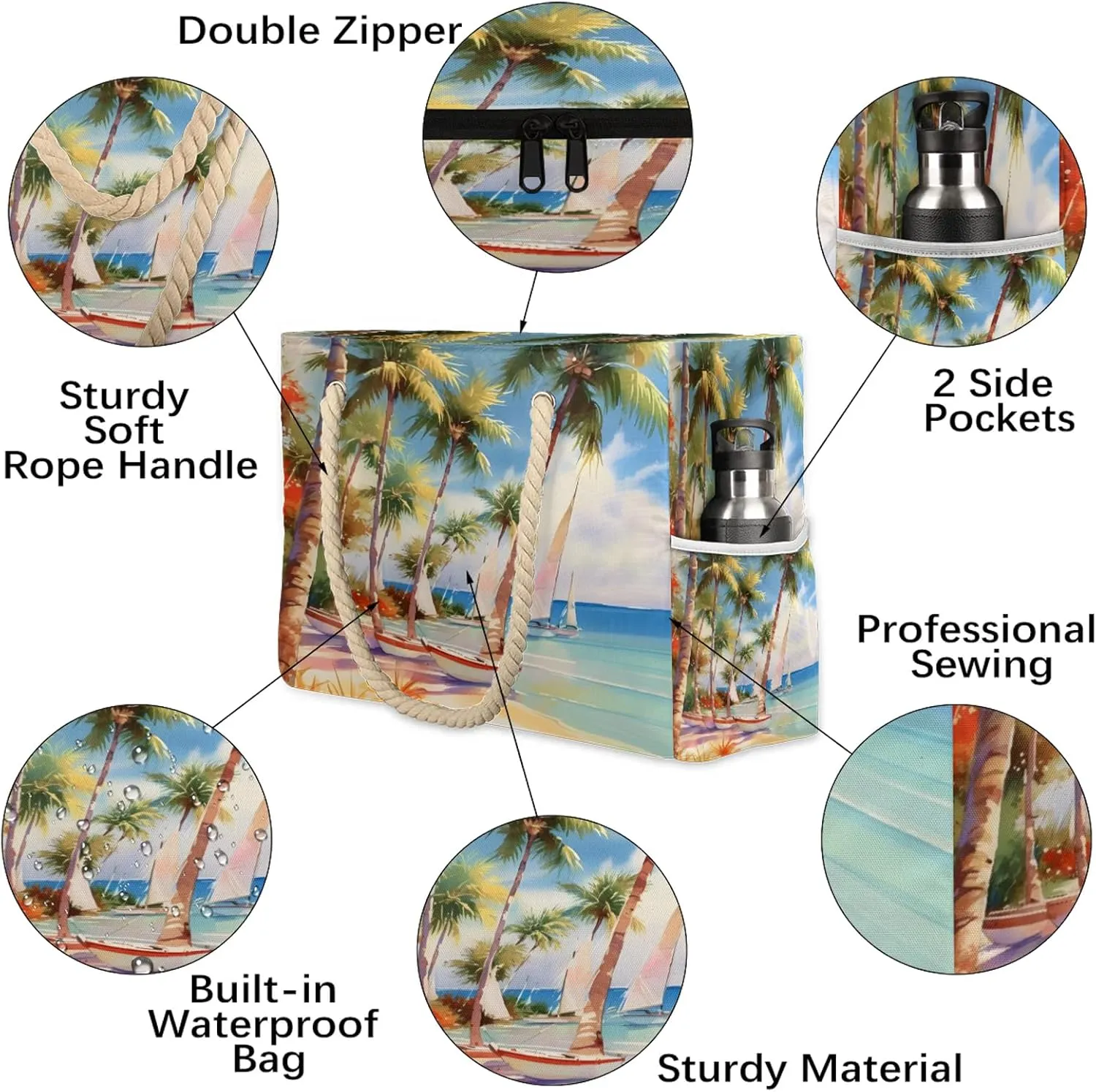 Large Beach Bags for Women and Men, Waterproof Tote with Zipper, Reusable Grocery Shopping Shoulder Bag