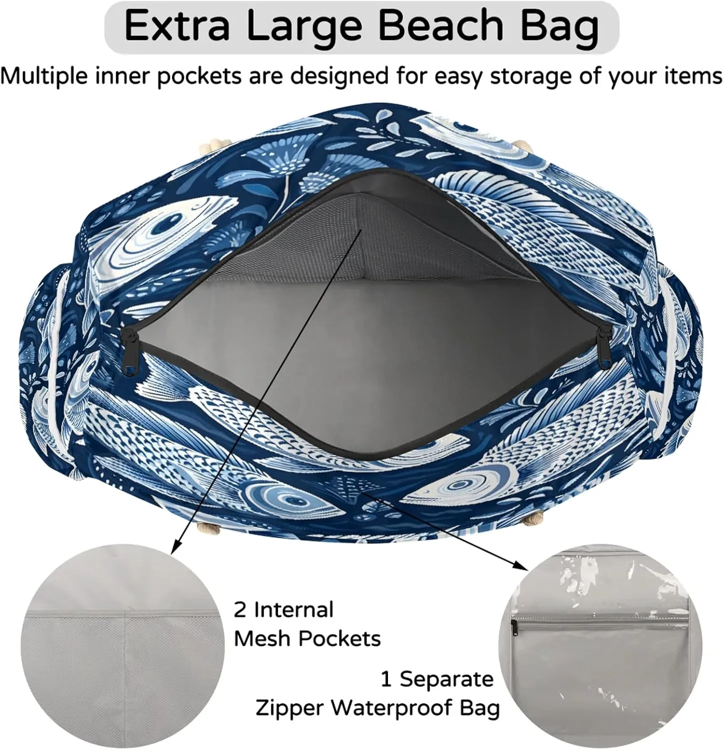 Large Beach Bags for Women and Men, Waterproof Tote with Zipper, Reusable Grocery Shopping Shoulder Bag