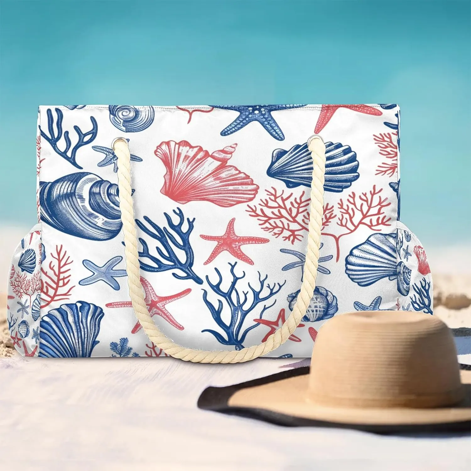 Large Beach Bags for Women and Men, Waterproof Tote with Zipper, Reusable Grocery Shopping Shoulder Bag