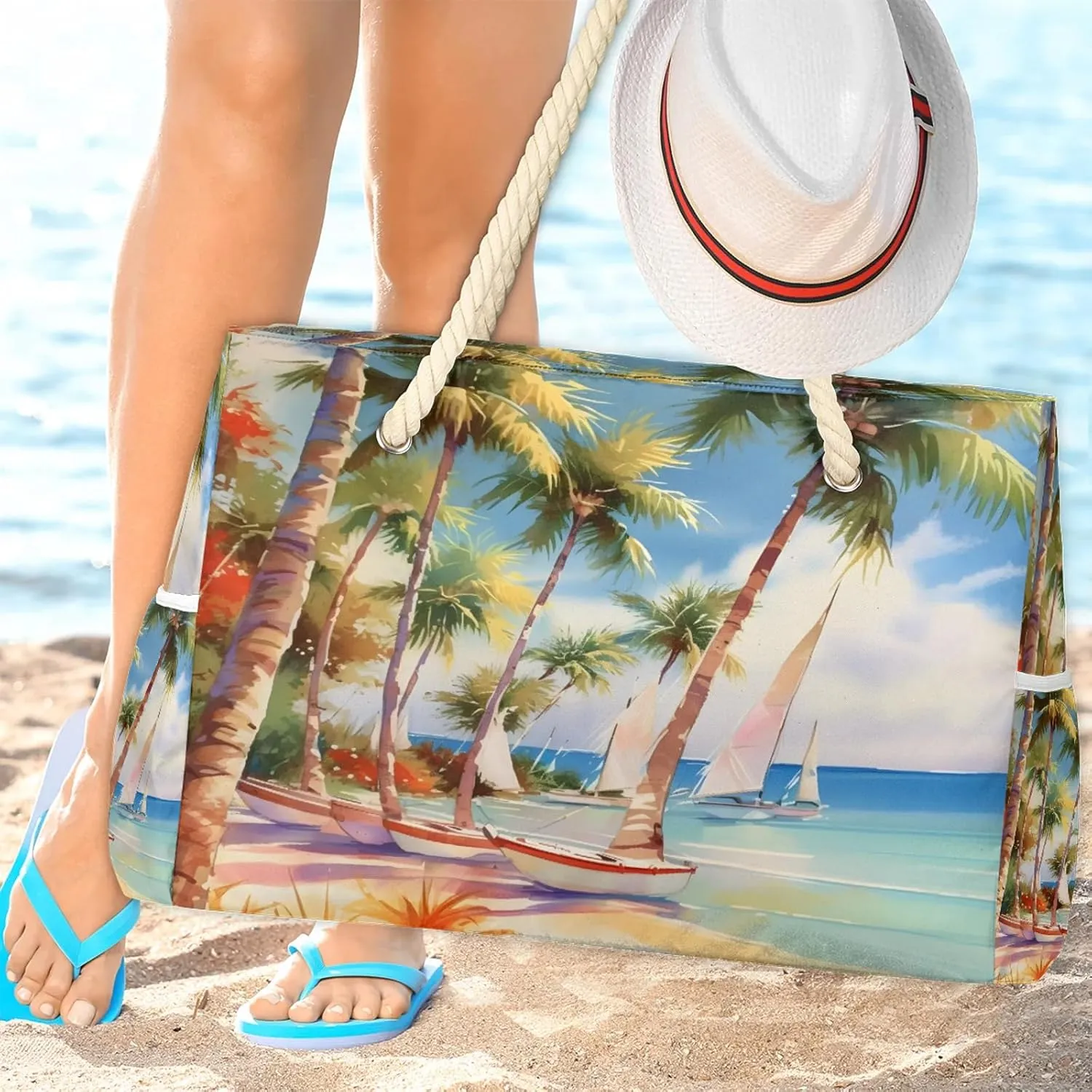 Large Beach Bags for Women and Men, Waterproof Tote with Zipper, Reusable Grocery Shopping Shoulder Bag