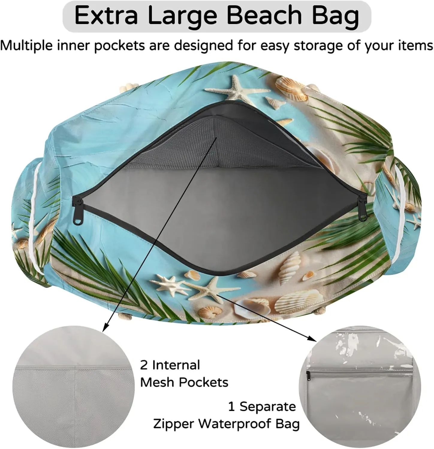 Large Beach Bags for Women and Men, Waterproof Tote with Zipper, Reusable Grocery Shopping Shoulder Bag