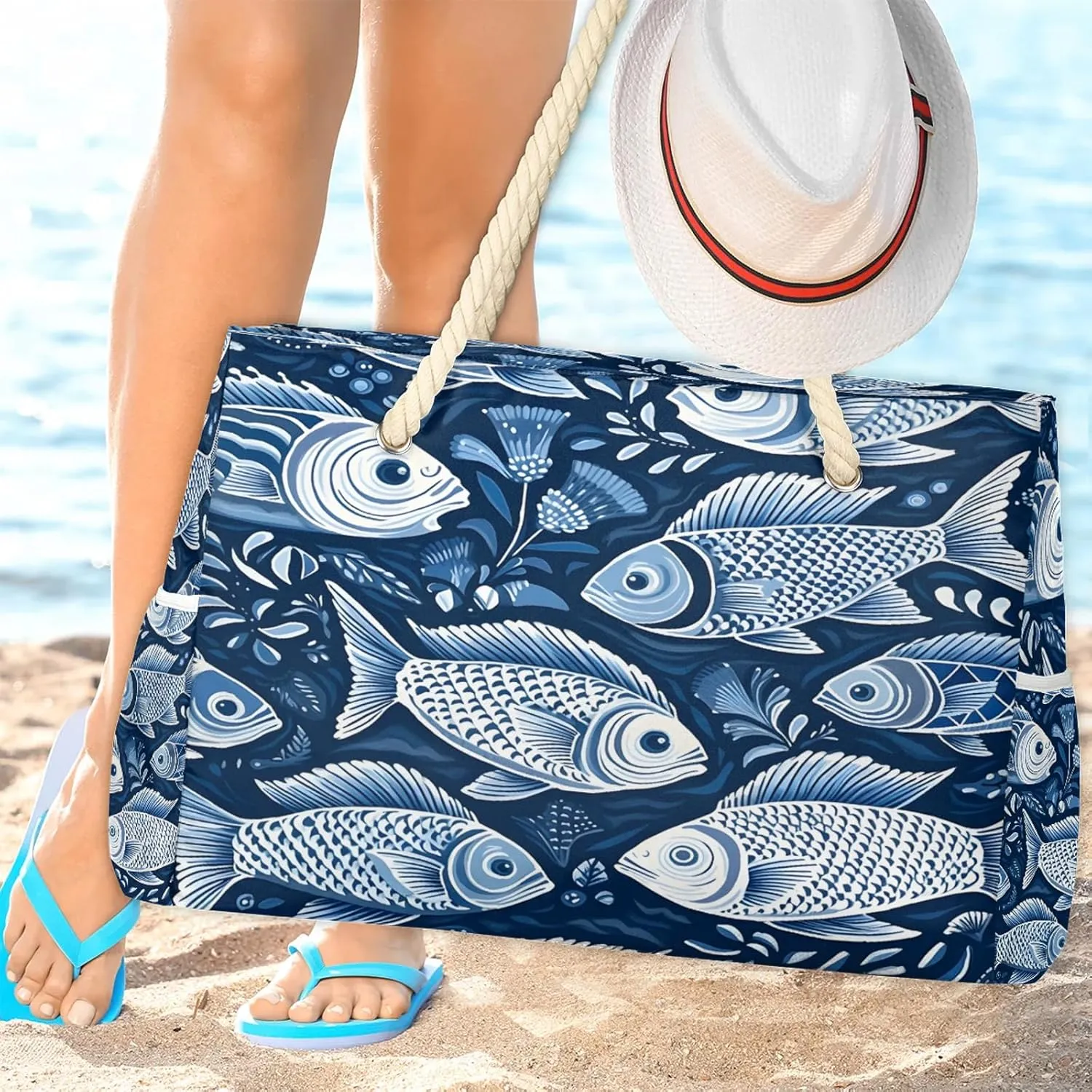 Large Beach Bags for Women and Men, Waterproof Tote with Zipper, Reusable Grocery Shopping Shoulder Bag