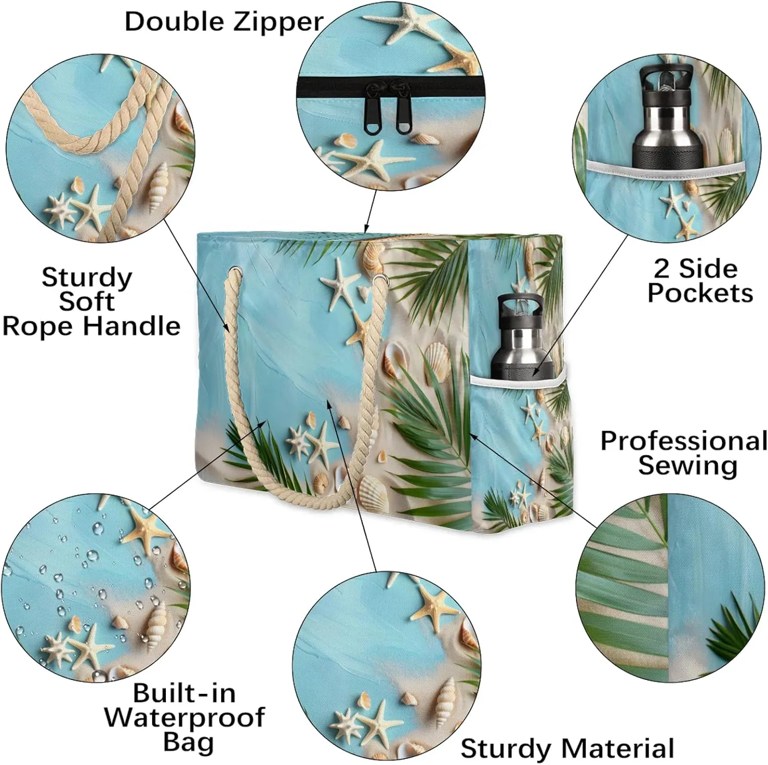 Large Beach Bags for Women and Men, Waterproof Tote with Zipper, Reusable Grocery Shopping Shoulder Bag