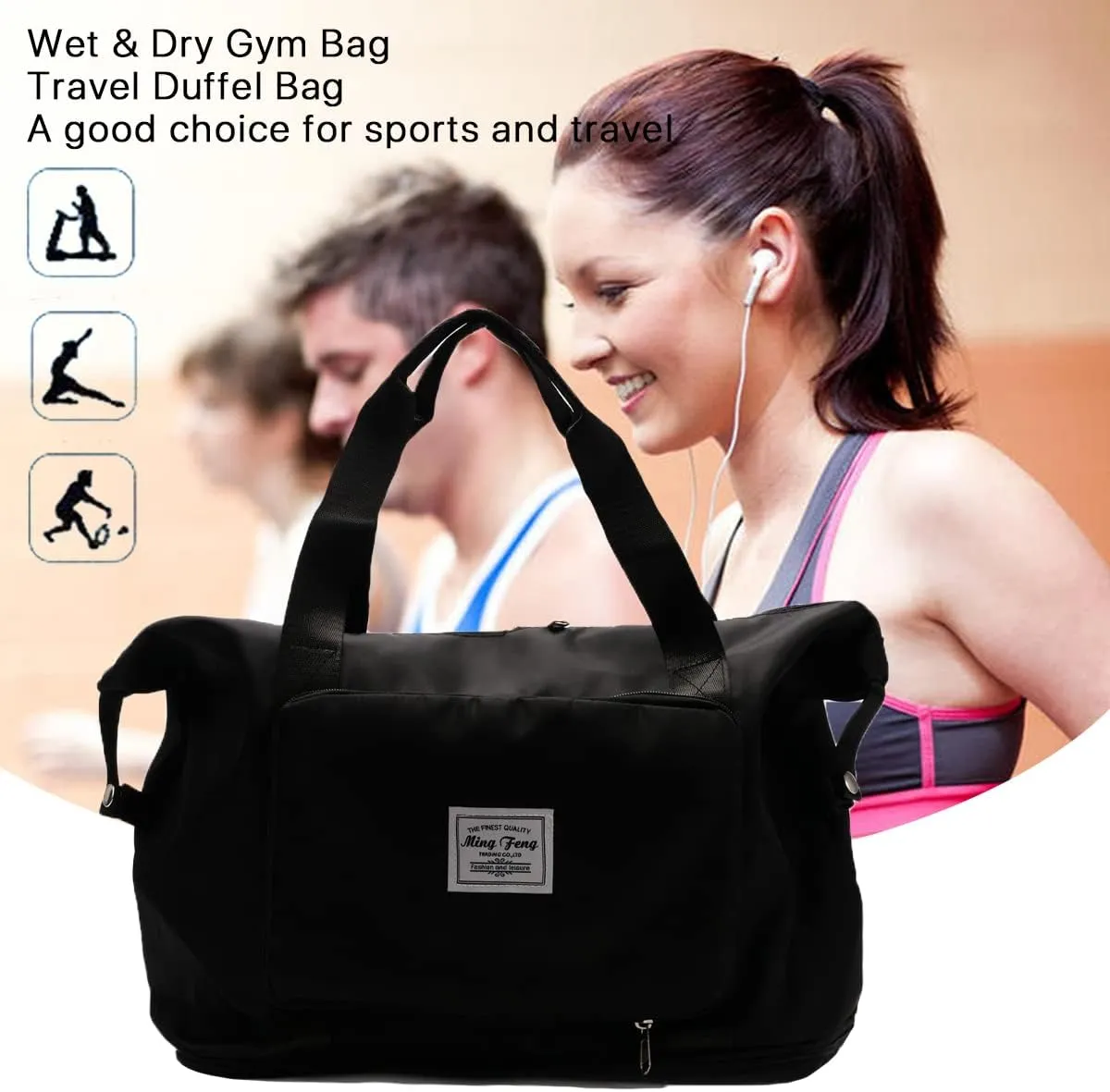 Large Capacity Foldable Travel Bag, Portable Expandable Travel Duffel Bag, Waterproof Dry and Wet Separation Oxford Fabric Tote Bag for Women Men, Perfect for Travel, Gym, Vacation (Black)