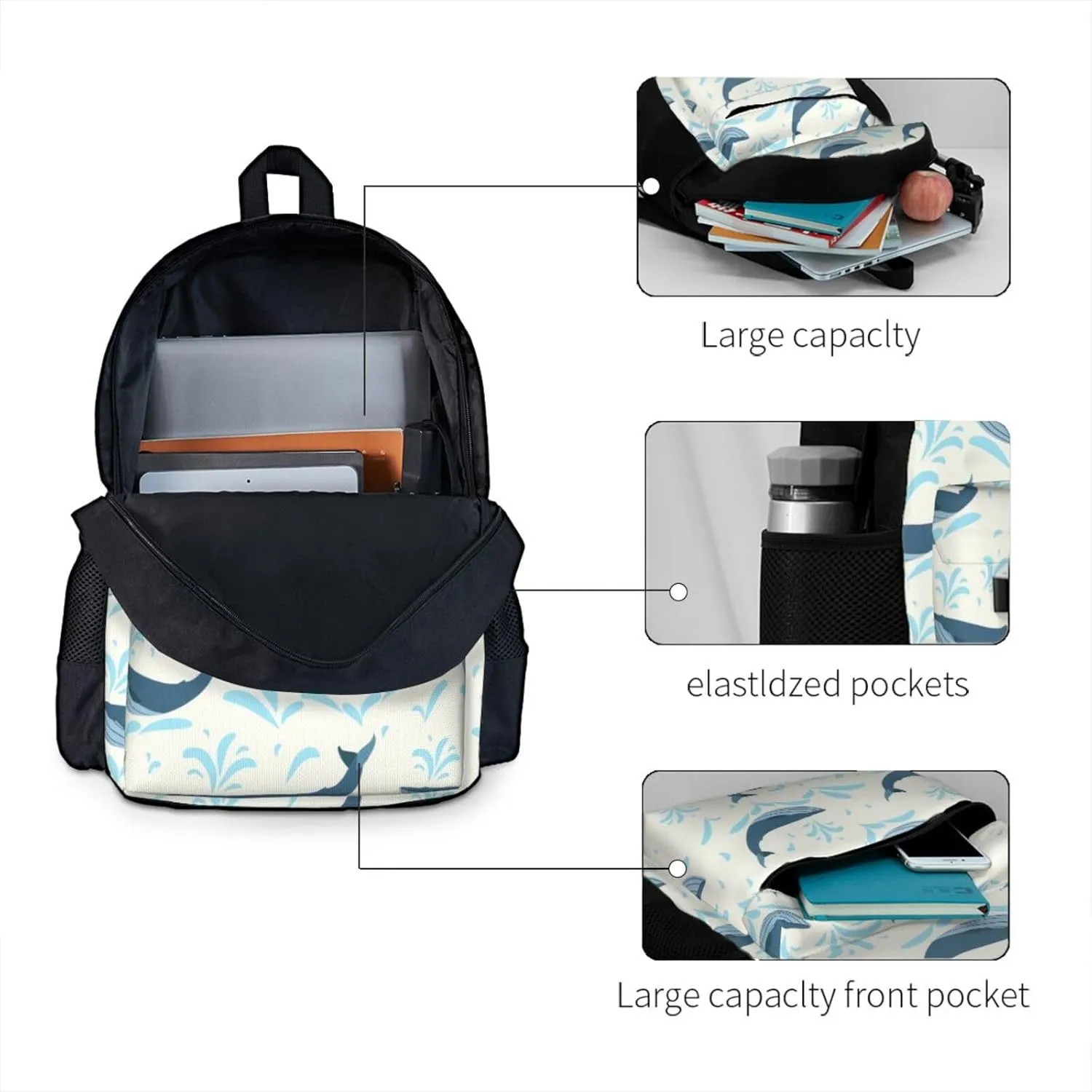Large Capacity Leisure Travel Backpack Adjustable Strap Suitable Work Outdoor Sport for Woman Man Water Whale