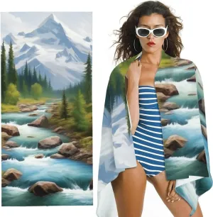 Large Oversized Beach Towel - Mountain Stream Rocks Trees Print, Microfiber, Machine Washable for Beach, Yoga, Camping, Hiking 30x60in