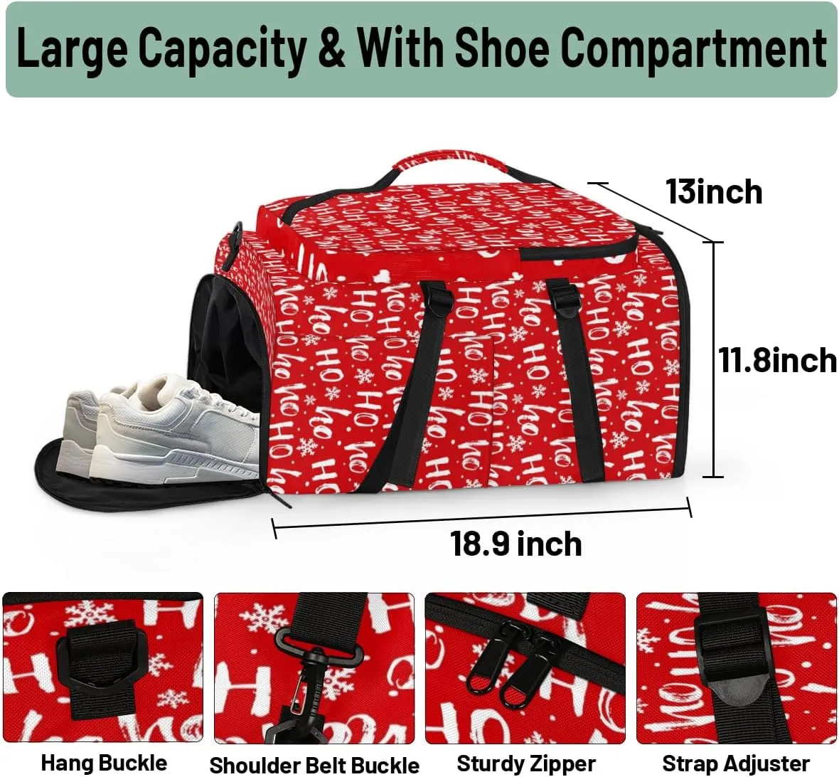 Large Sports Gym Bag With Shoe & Laptop Compartment 47L Waterproof Travel Duffel Bags for Men Women Christmas Letter Pattern Luggage Backpack Duffle Bag