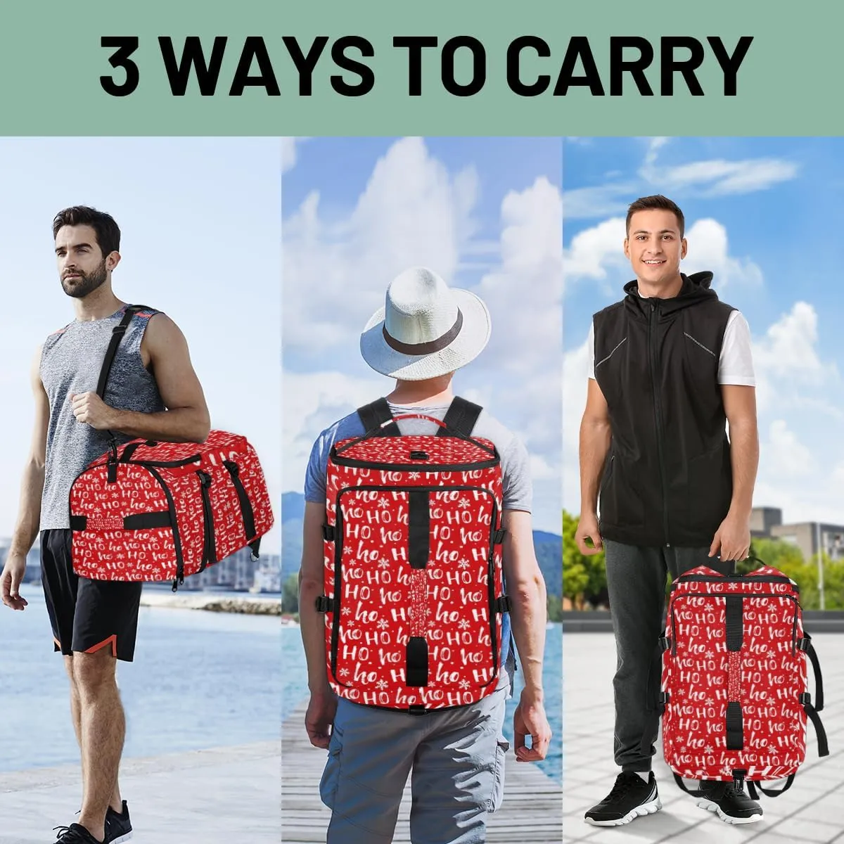 Large Sports Gym Bag With Shoe & Laptop Compartment 47L Waterproof Travel Duffel Bags for Men Women Christmas Letter Pattern Luggage Backpack Duffle Bag