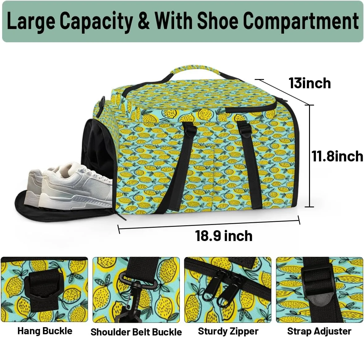 Large Sports Gym Bag With Shoe & Laptop Compartment 47L Waterproof Travel Duffel Bags for Men Women Color Lemon Luggage Backpack Duffle Bag