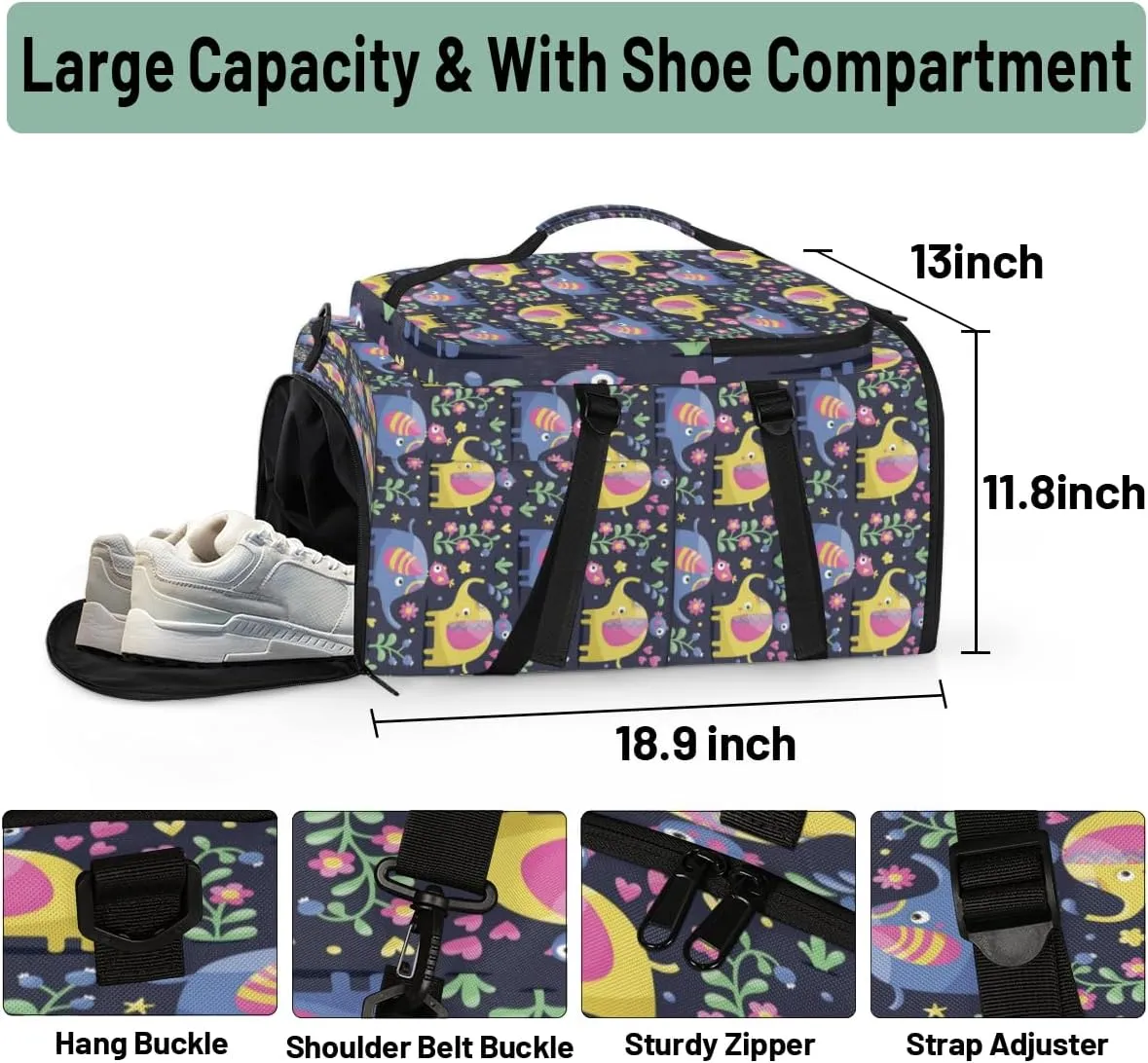 Large Sports Gym Bag With Shoe & Laptop Compartment 47L Waterproof Travel Duffel Bags for Men Women Elephant Flower Luggage Backpack Duffle Bag
