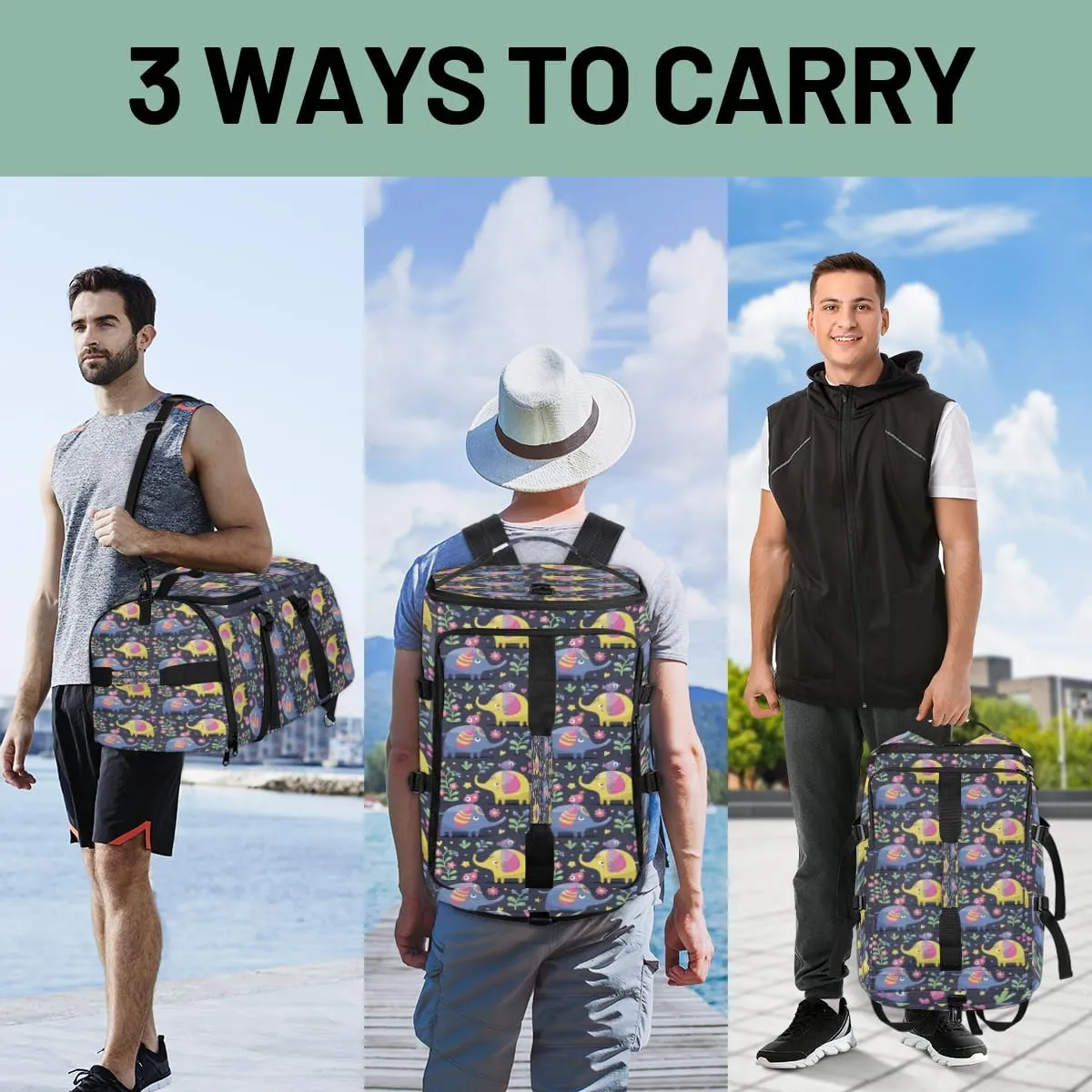 Large Sports Gym Bag With Shoe & Laptop Compartment 47L Waterproof Travel Duffel Bags for Men Women Elephant Flower Luggage Backpack Duffle Bag