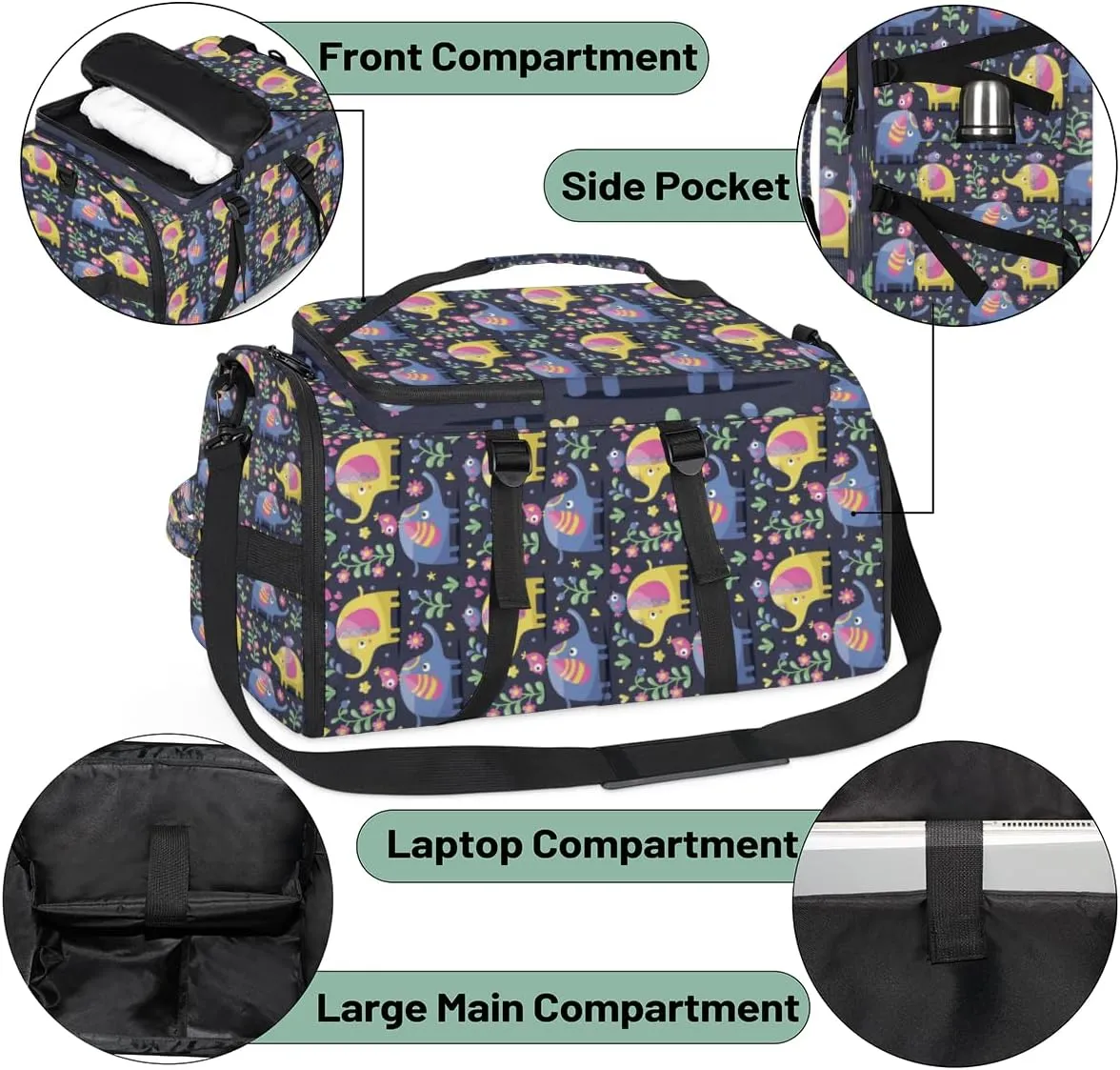 Large Sports Gym Bag With Shoe & Laptop Compartment 47L Waterproof Travel Duffel Bags for Men Women Elephant Flower Luggage Backpack Duffle Bag