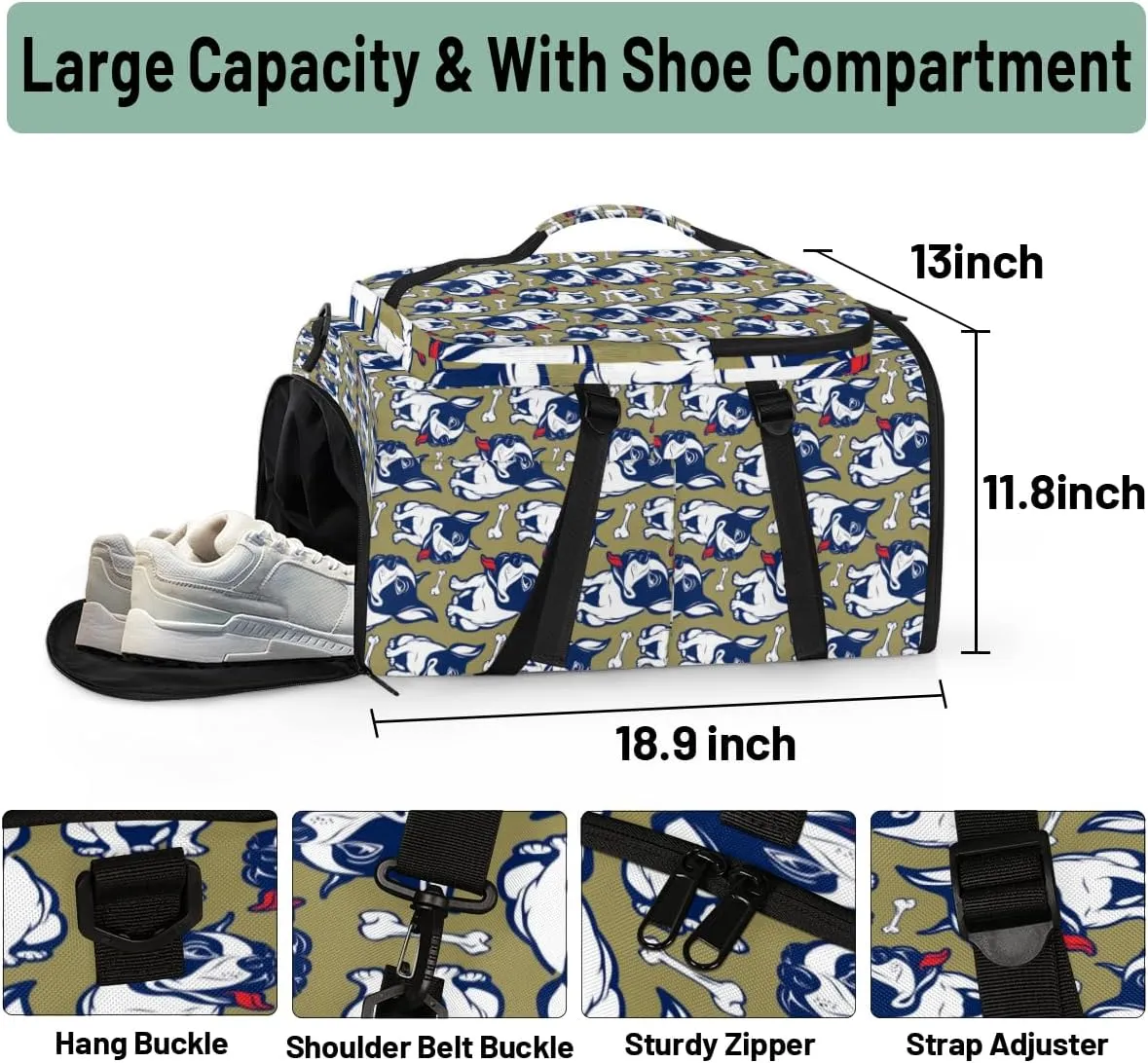 Large Sports Gym Bag With Shoe & Laptop Compartment 47L Waterproof Travel Duffel Bags for Men Women French Bulldog Luggage Backpack Duffle Bag