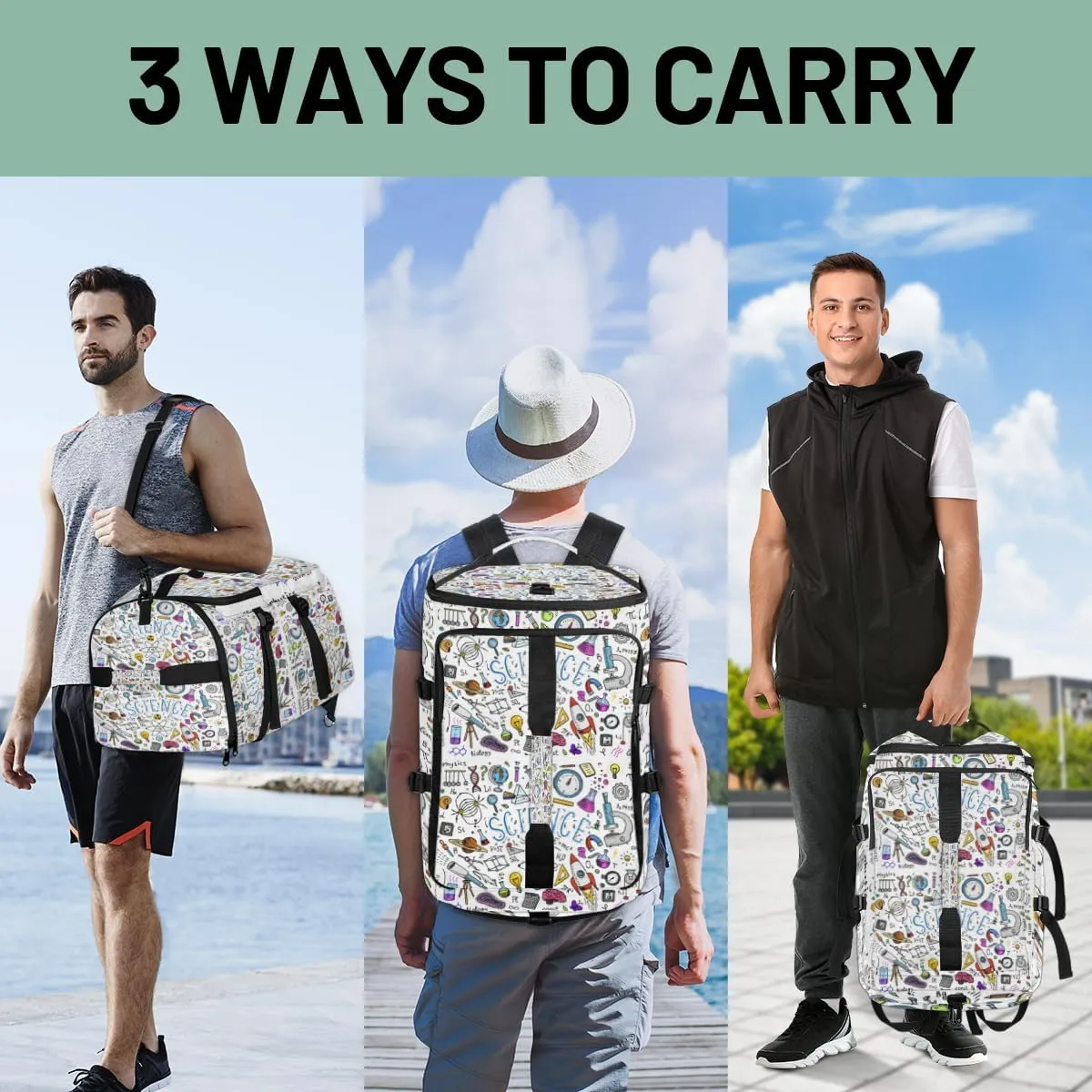 Large Sports Gym Bag With Shoe & Laptop Compartment 47L Waterproof Travel Duffel Bags for Men Women Physical Science Pattern Luggage Backpack Duffle Bag
