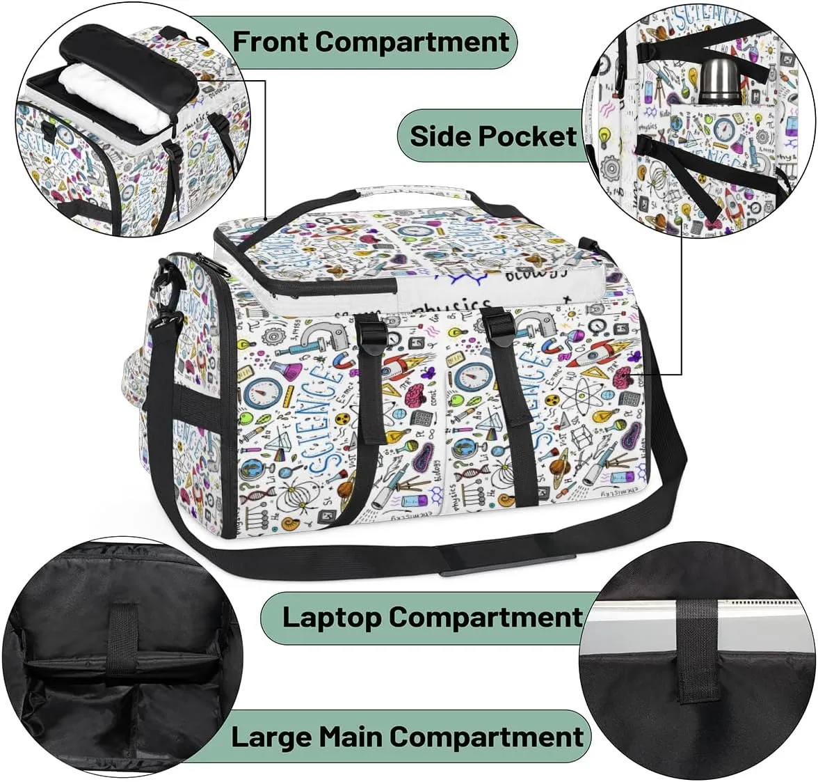 Large Sports Gym Bag With Shoe & Laptop Compartment 47L Waterproof Travel Duffel Bags for Men Women Physical Science Pattern Luggage Backpack Duffle Bag