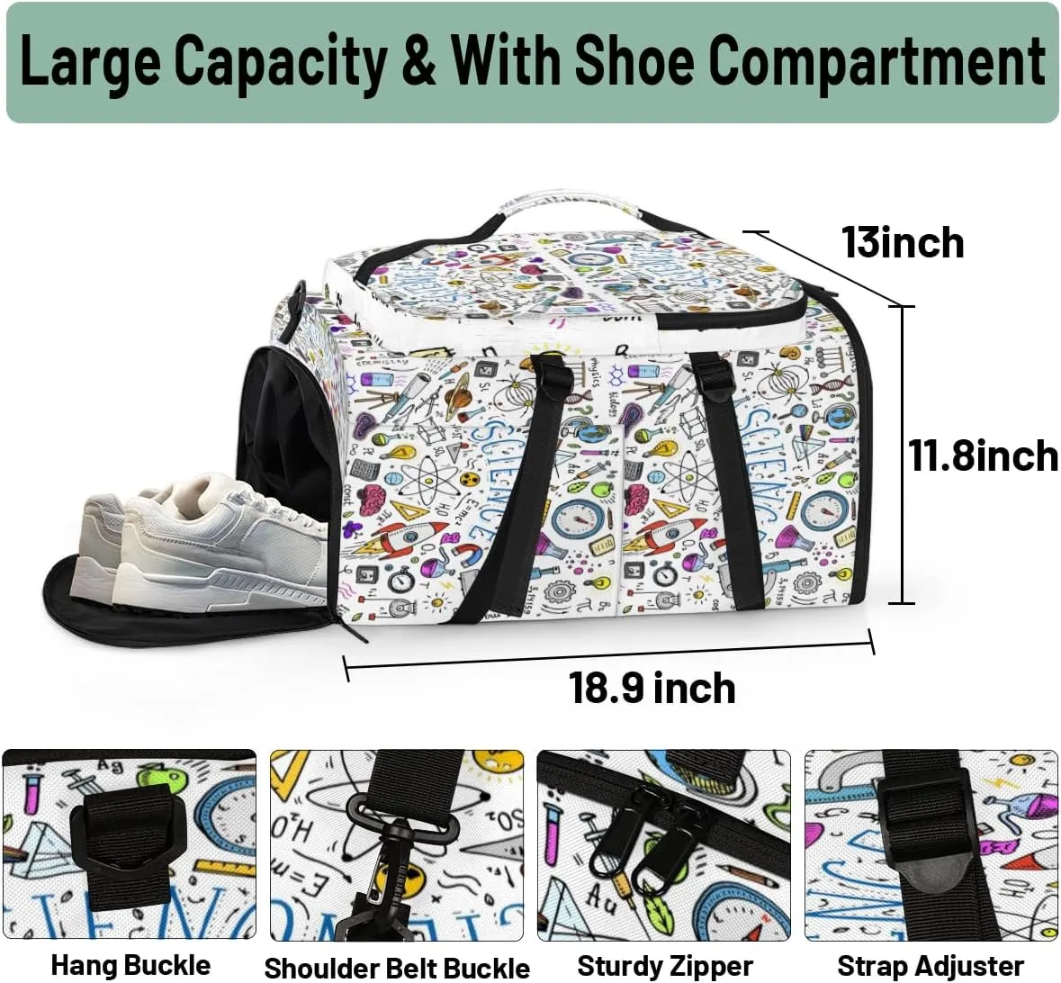 Large Sports Gym Bag With Shoe & Laptop Compartment 47L Waterproof Travel Duffel Bags for Men Women Physical Science Pattern Luggage Backpack Duffle Bag
