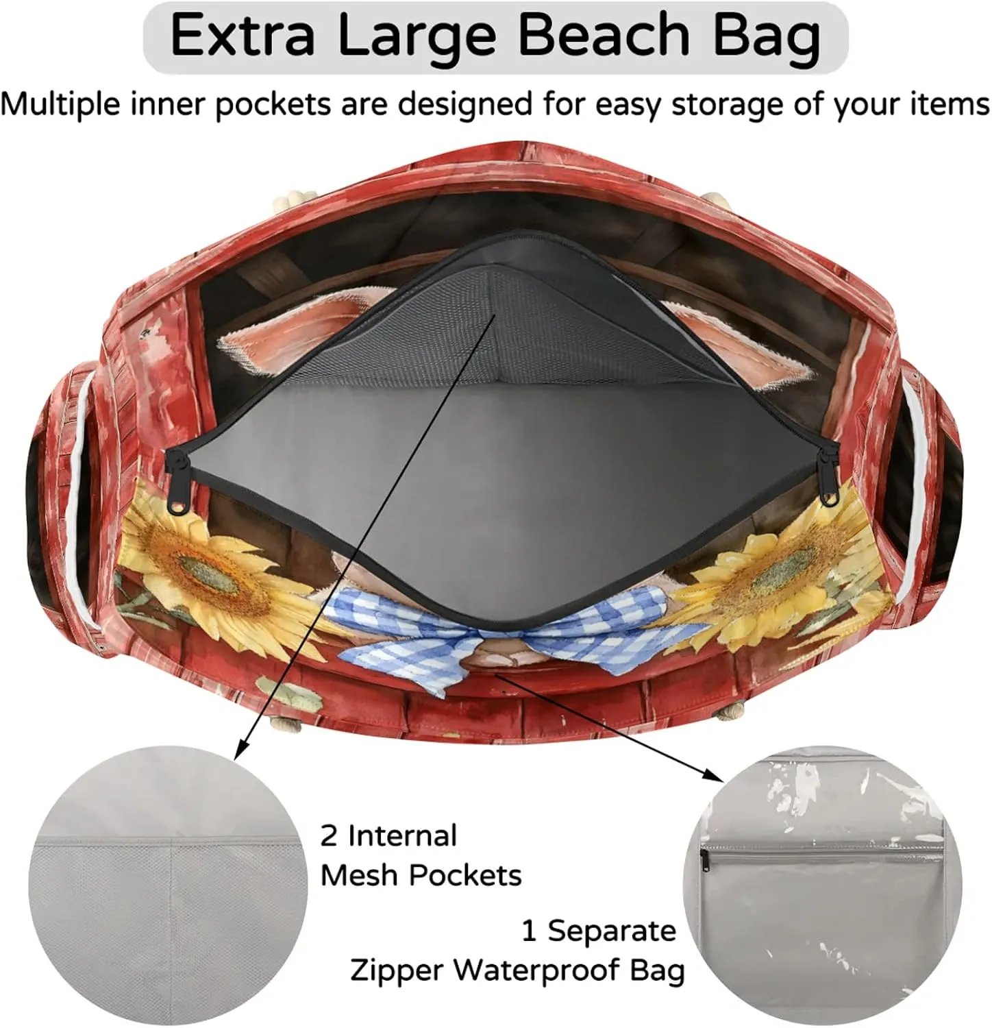 Large Tote Beach Bags for Women with Zipper Waterproof Sandproof Gym Swim Pool Grocery Travel Bag