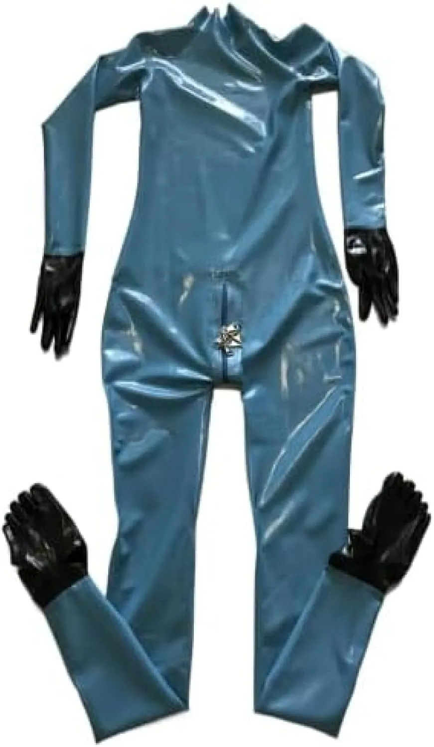 Latex Blue Neck Entry Latex Catsuit Gloves Toes Socks with Lockable Crotch Zipper,(Male) Black,Customize Free