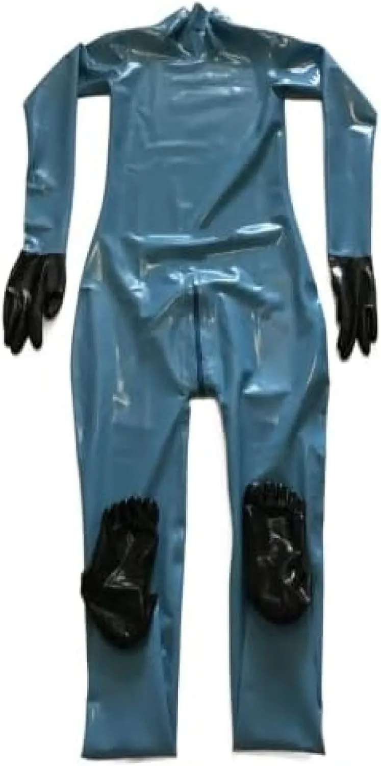 Latex Blue Neck Entry Latex Catsuit Gloves Toes Socks with Lockable Crotch Zipper,(Male) Black,Customize Free