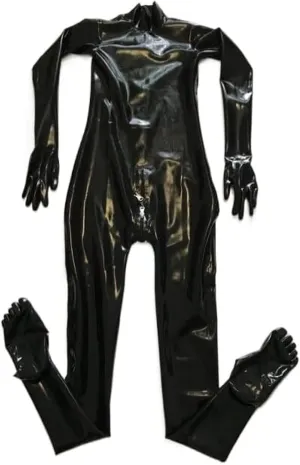 Latex Blue Neck Entry Latex Catsuit Gloves Toes Socks with Lockable Crotch Zipper,(Male) Black,Customize Free