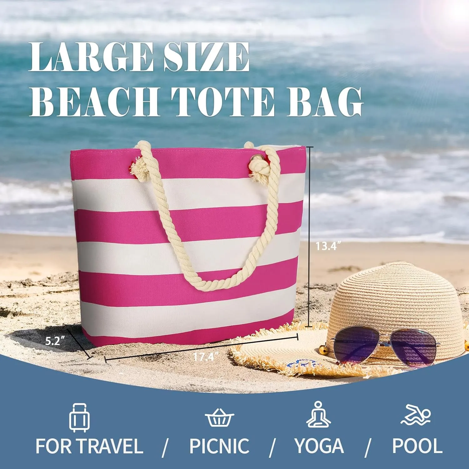 LAVTUG Beach Bags for Women Large Canvas Beach Tote Bag Waterproof Sandproof Beach Bags Swim Pool Bag Travel Essentials