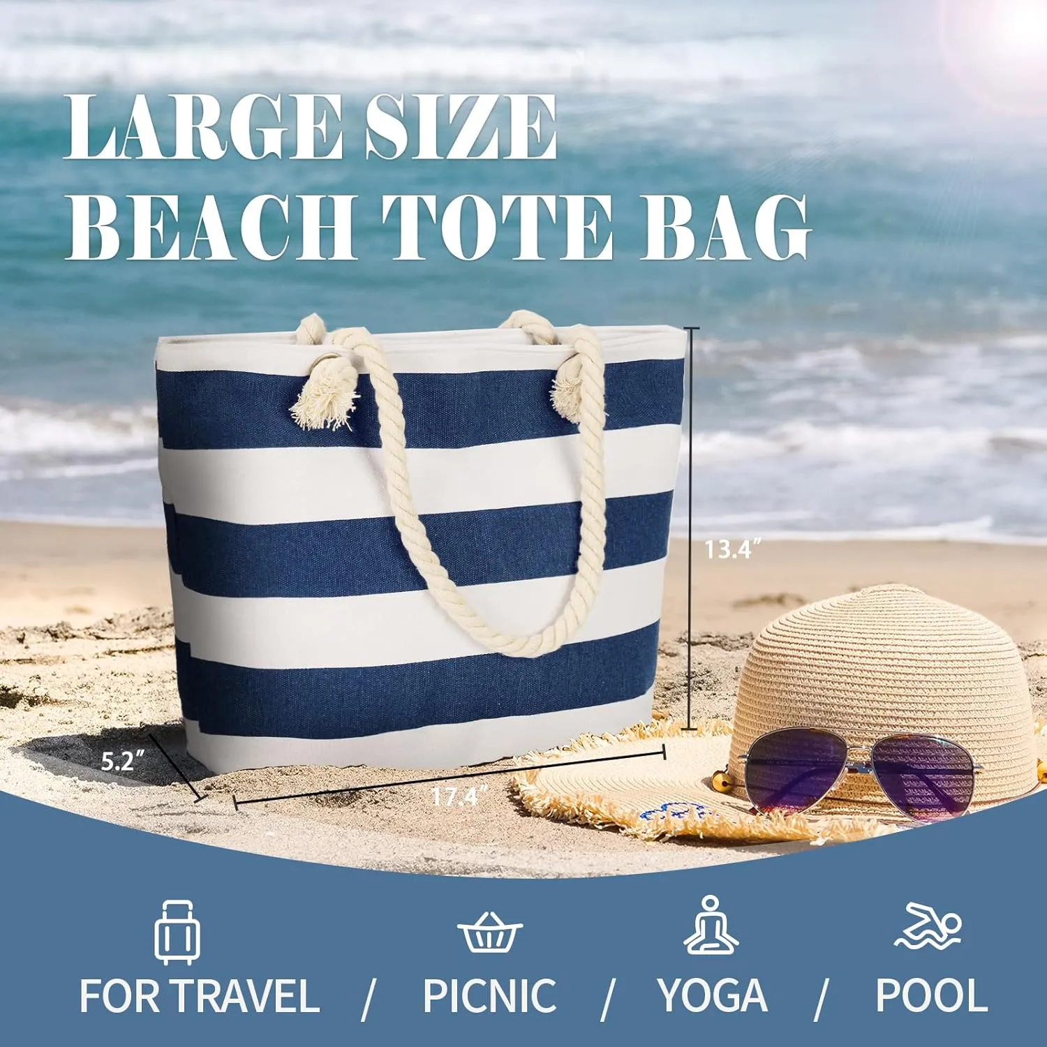 LAVTUG Beach Bags for Women Large Canvas Beach Tote Bag Waterproof Sandproof Beach Bags Swim Pool Bag Travel Essentials