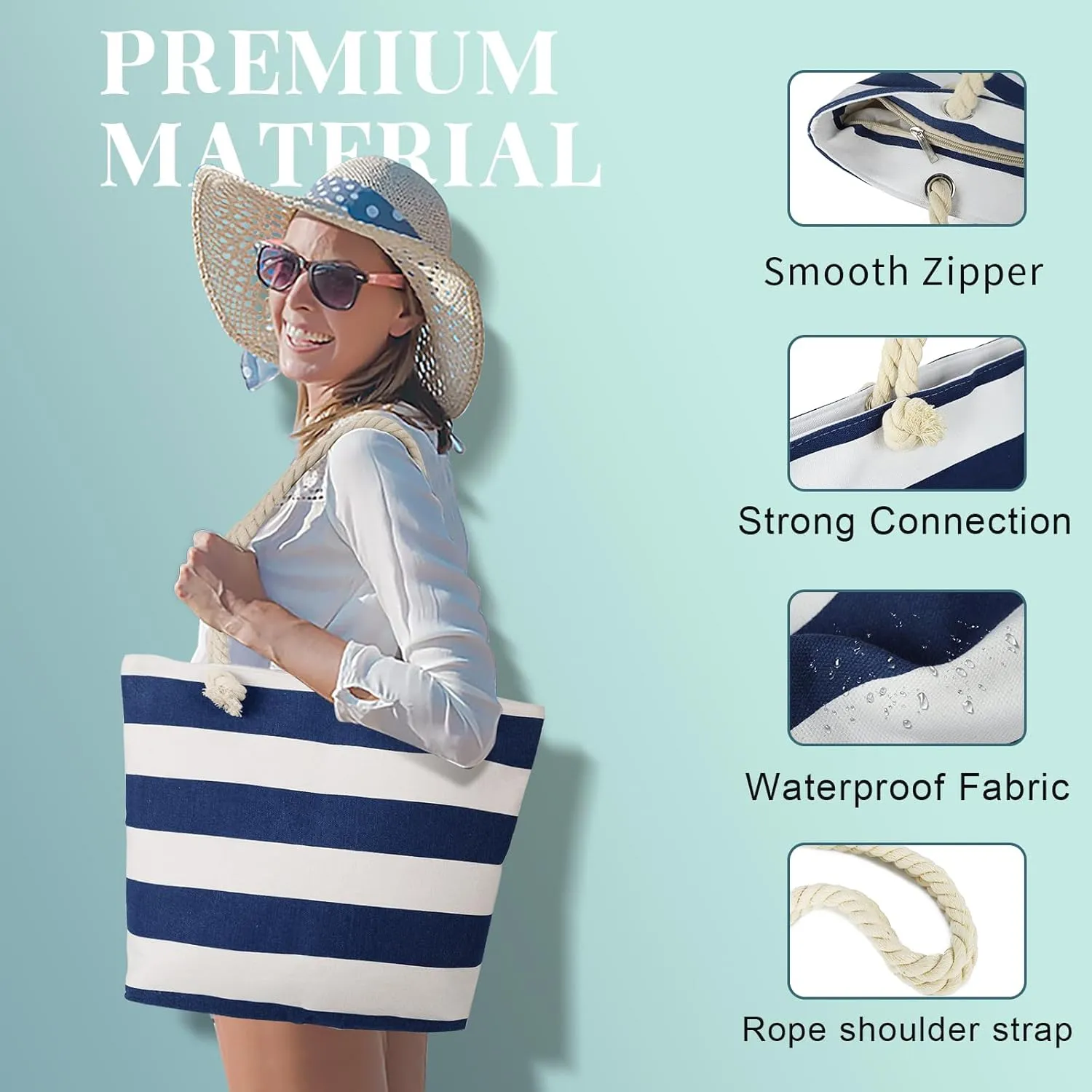 LAVTUG Beach Bags for Women Large Canvas Beach Tote Bag Waterproof Sandproof Beach Bags Swim Pool Bag Travel Essentials