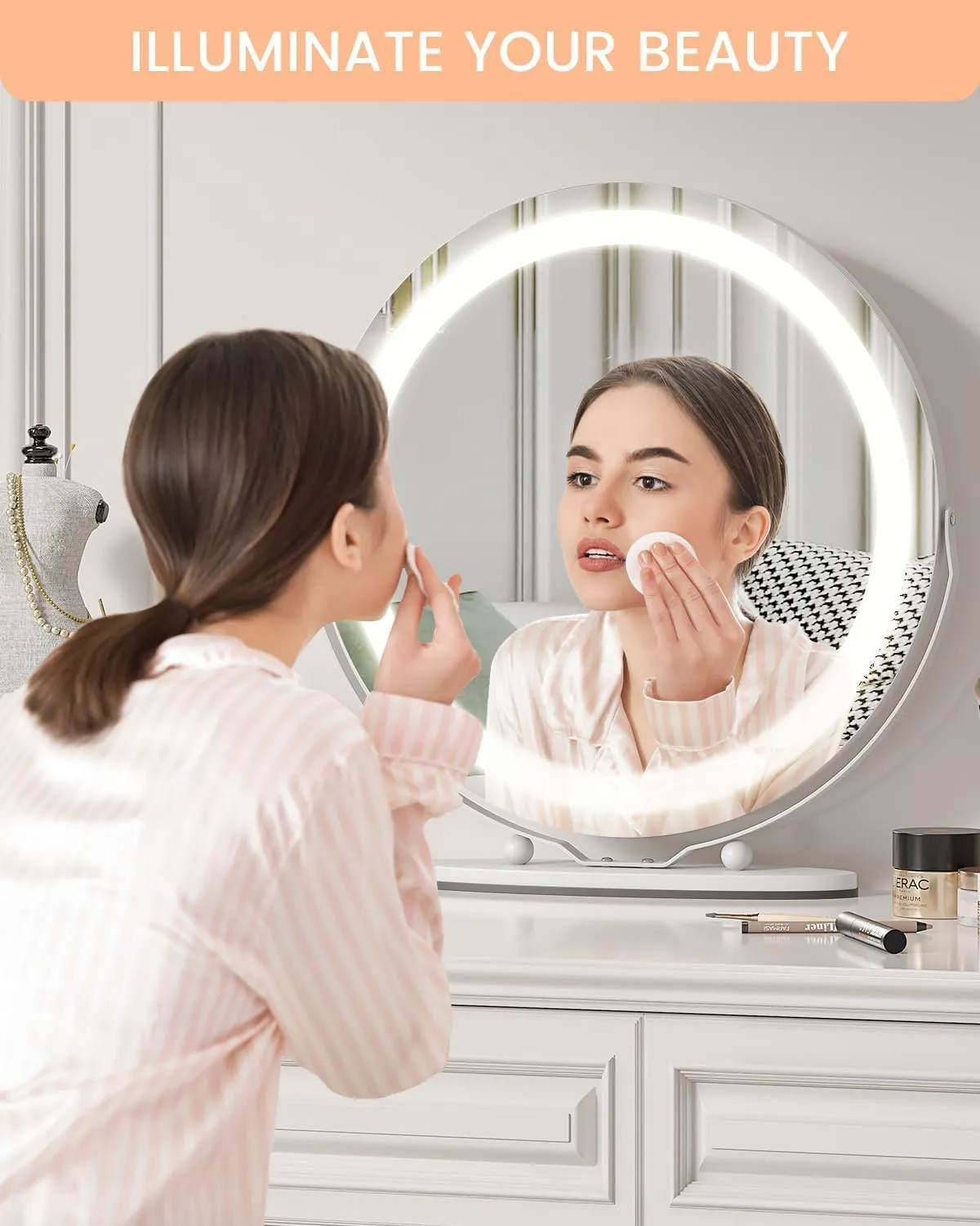LED Vanity Mirror 19 Inch - Touch Control 3 Light Modes & Dimmable Makeup Mirror with 360° Rotation, for Bathroom & Bedroom, White