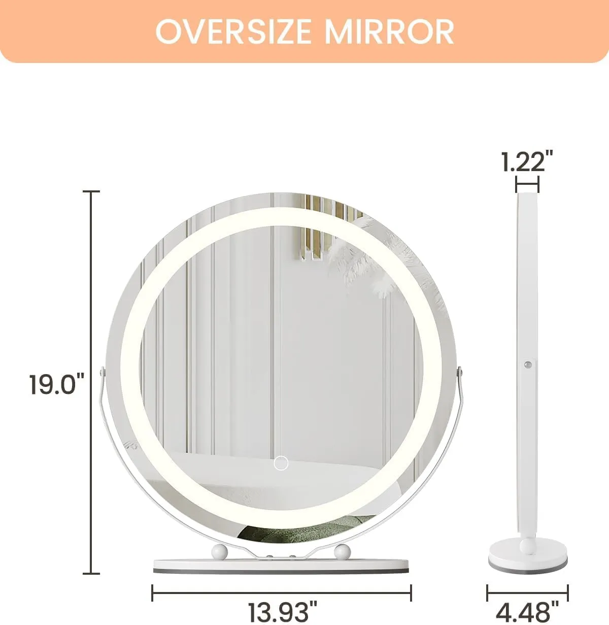 LED Vanity Mirror 19 Inch - Touch Control 3 Light Modes & Dimmable Makeup Mirror with 360° Rotation, for Bathroom & Bedroom, White