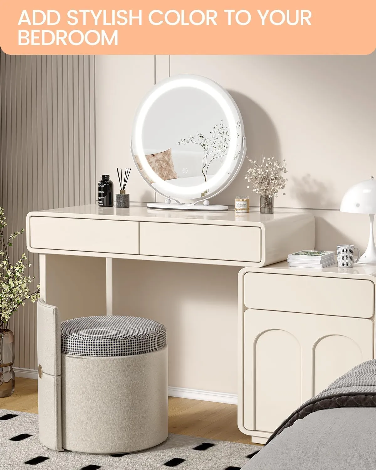 LED Vanity Mirror 19 Inch - Touch Control 3 Light Modes & Dimmable Makeup Mirror with 360° Rotation, for Bathroom & Bedroom, White