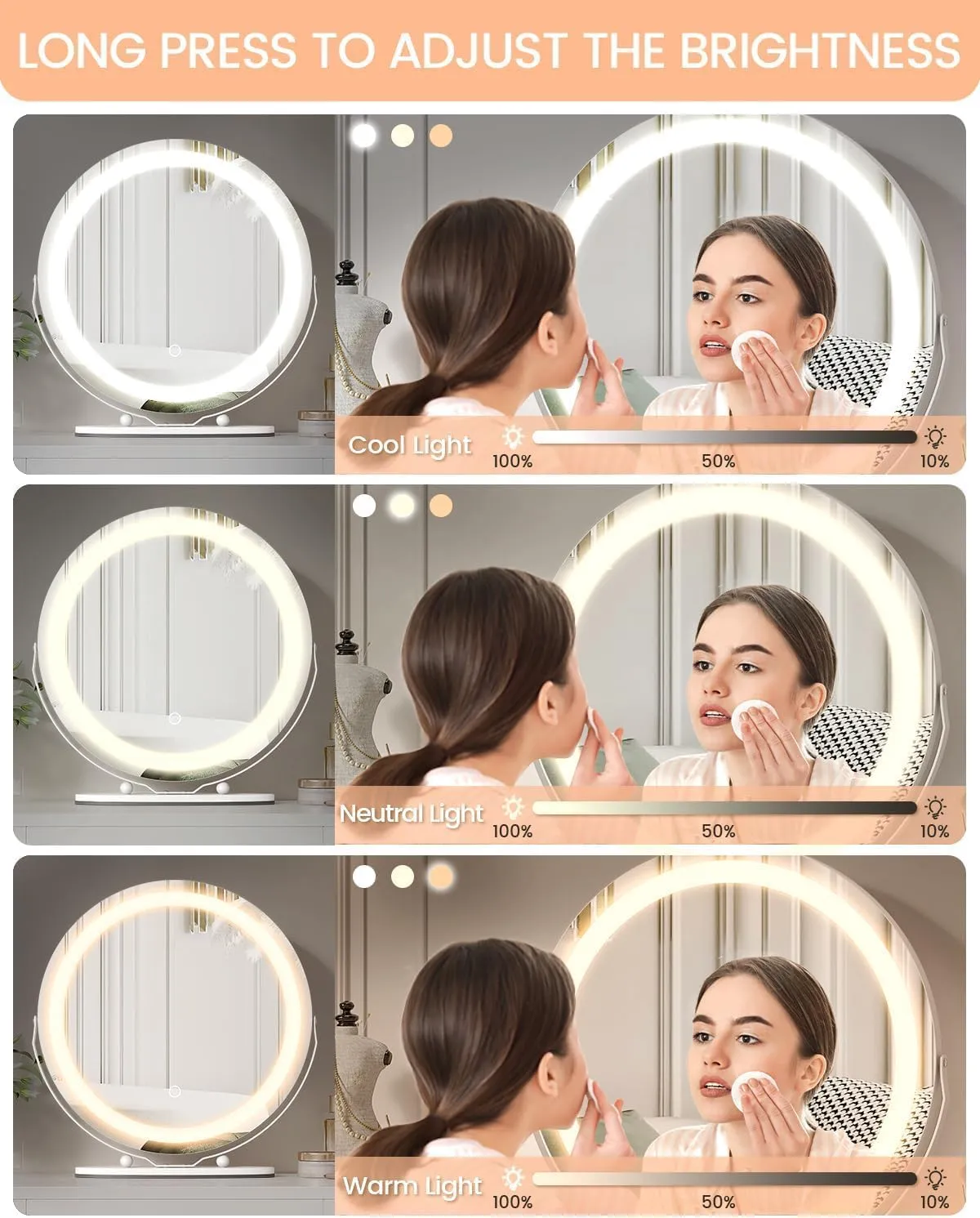 LED Vanity Mirror 19 Inch - Touch Control 3 Light Modes & Dimmable Makeup Mirror with 360° Rotation, for Bathroom & Bedroom, White