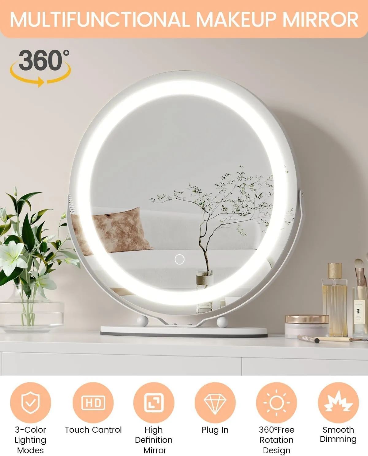 LED Vanity Mirror 19 Inch - Touch Control 3 Light Modes & Dimmable Makeup Mirror with 360° Rotation, for Bathroom & Bedroom, White