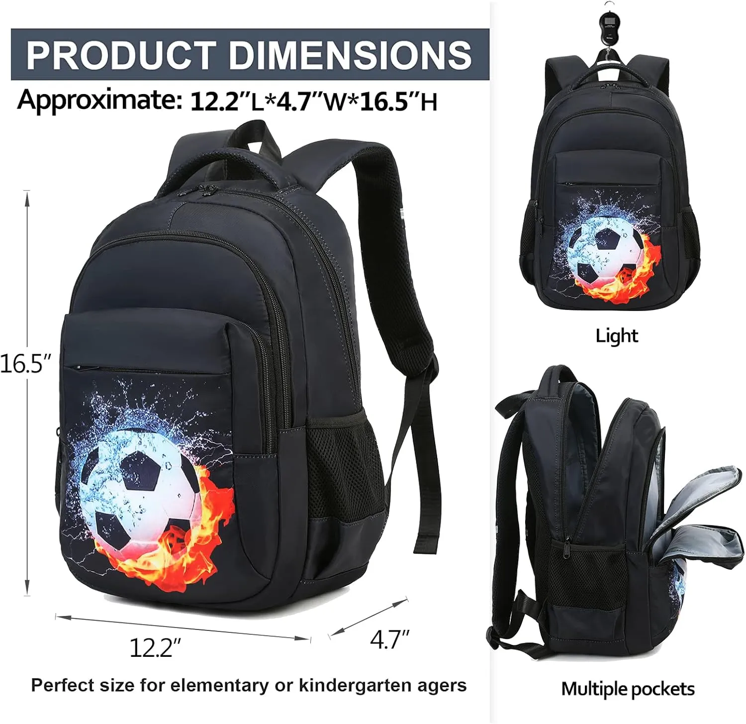 LEDAOU School Backpack Kids Teen Boys Girls Bookbag Daypack School Bag (Football Black A)