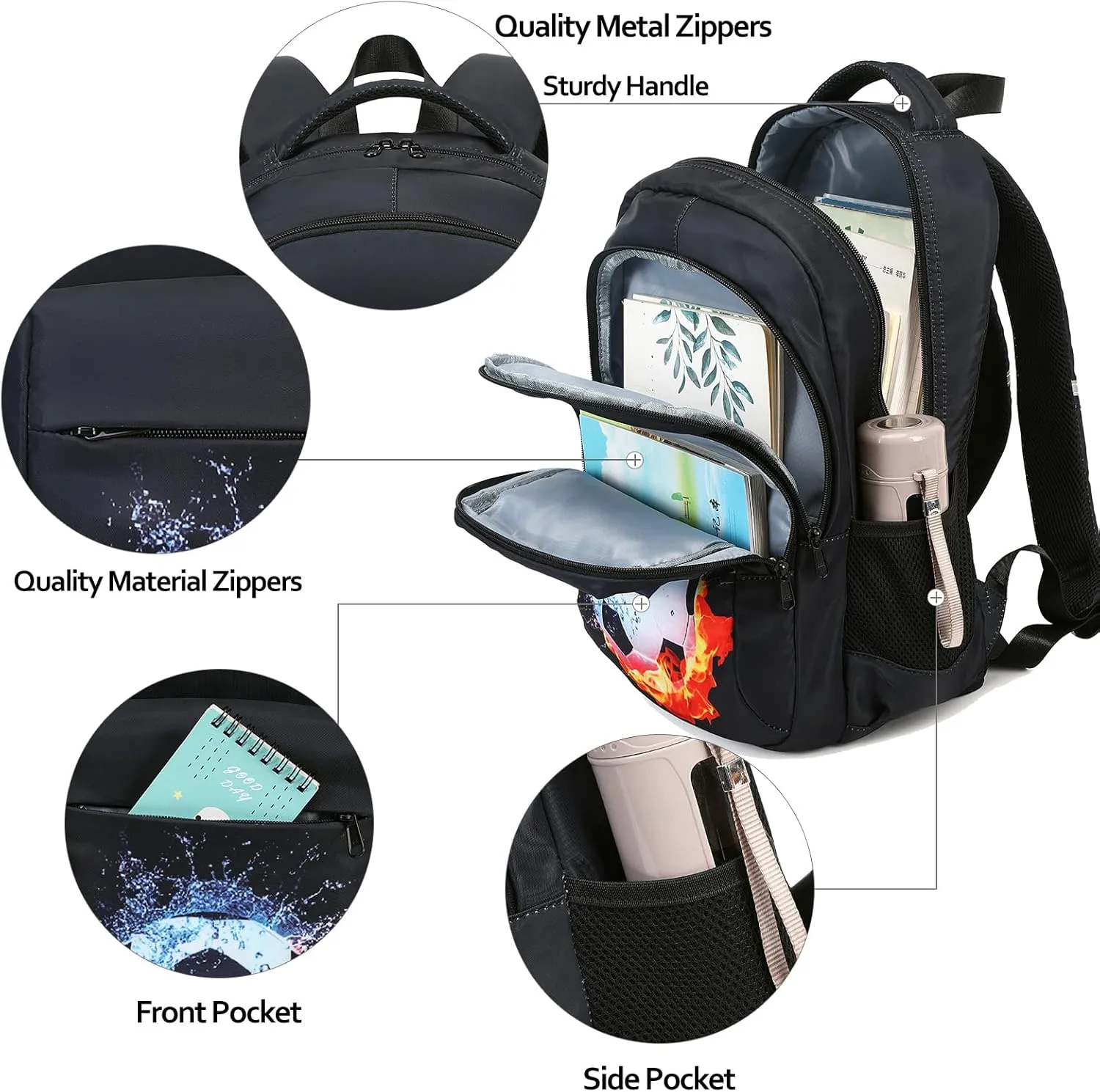 LEDAOU School Backpack Kids Teen Boys Girls Bookbag Daypack School Bag (Football Black A)