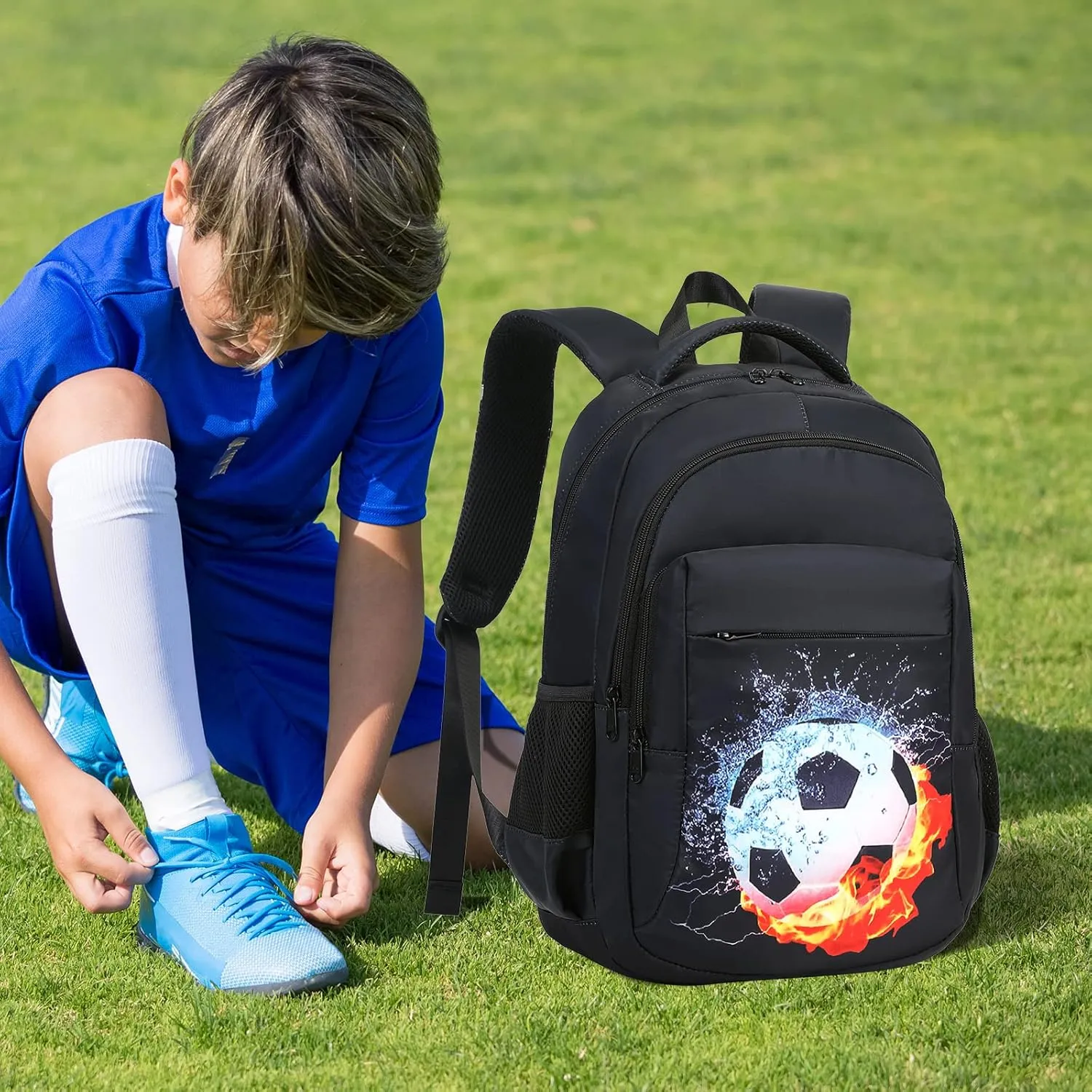 LEDAOU School Backpack Kids Teen Boys Girls Bookbag Daypack School Bag (Football Black A)