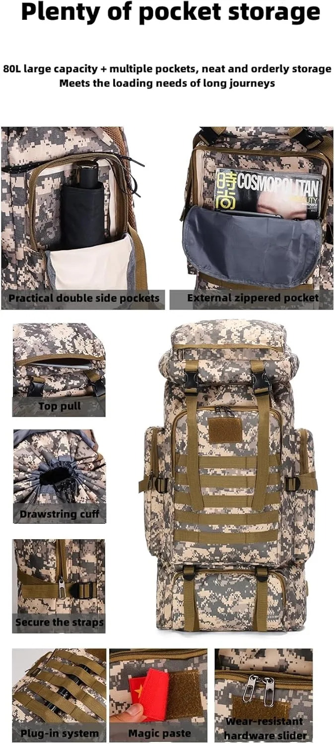 Leisure Travel Large Capacity 80L Waterproof Camouflage Mountaineering Bag Tactical Backpack Outdoor Sports Trekking Backpack (Desert camouflage)
