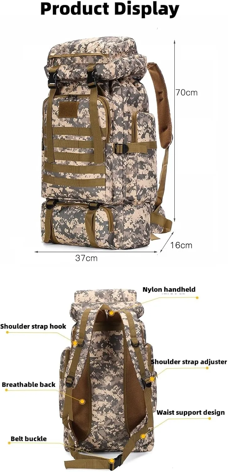 Leisure Travel Large Capacity 80L Waterproof Camouflage Mountaineering Bag Tactical Backpack Outdoor Sports Trekking Backpack (Desert camouflage)